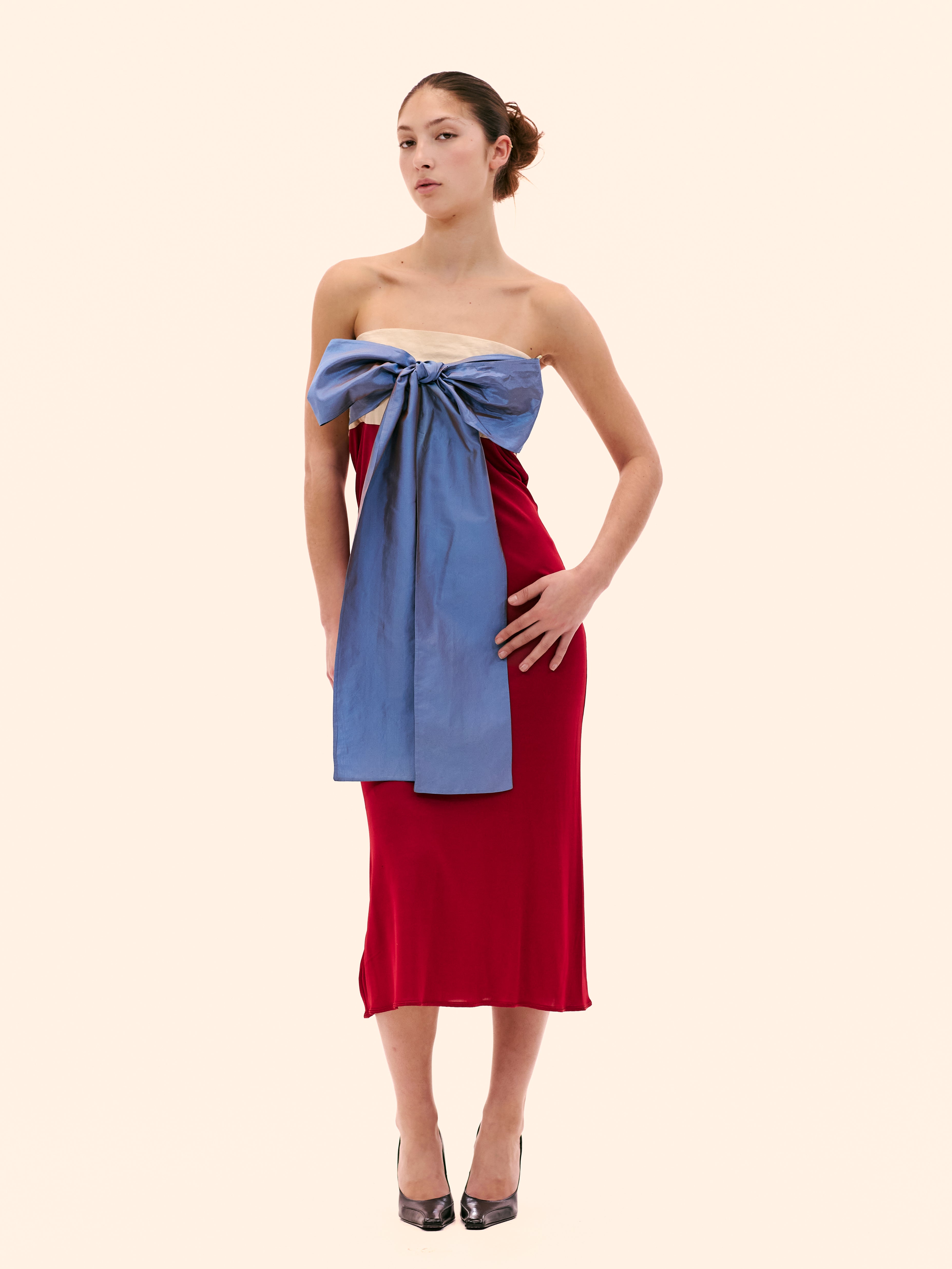 SS01 JEAN PAUL GAULTIER BURGUNDY JERSEY TIE BELT DRESS