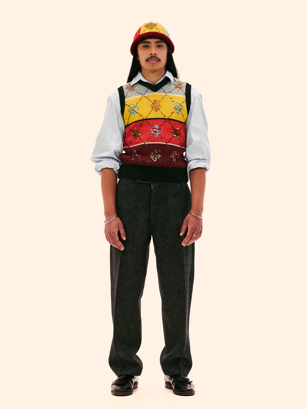 AW99-00 JEAN PAUL GAULTIER KNITTED ARGYLE SWEATER VEST AND HAT