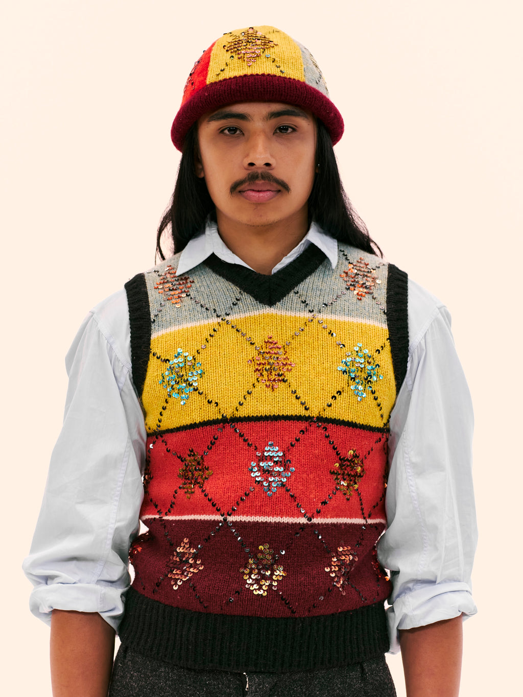 AW99-00 JEAN PAUL GAULTIER KNITTED ARGYLE SWEATER VEST AND HAT