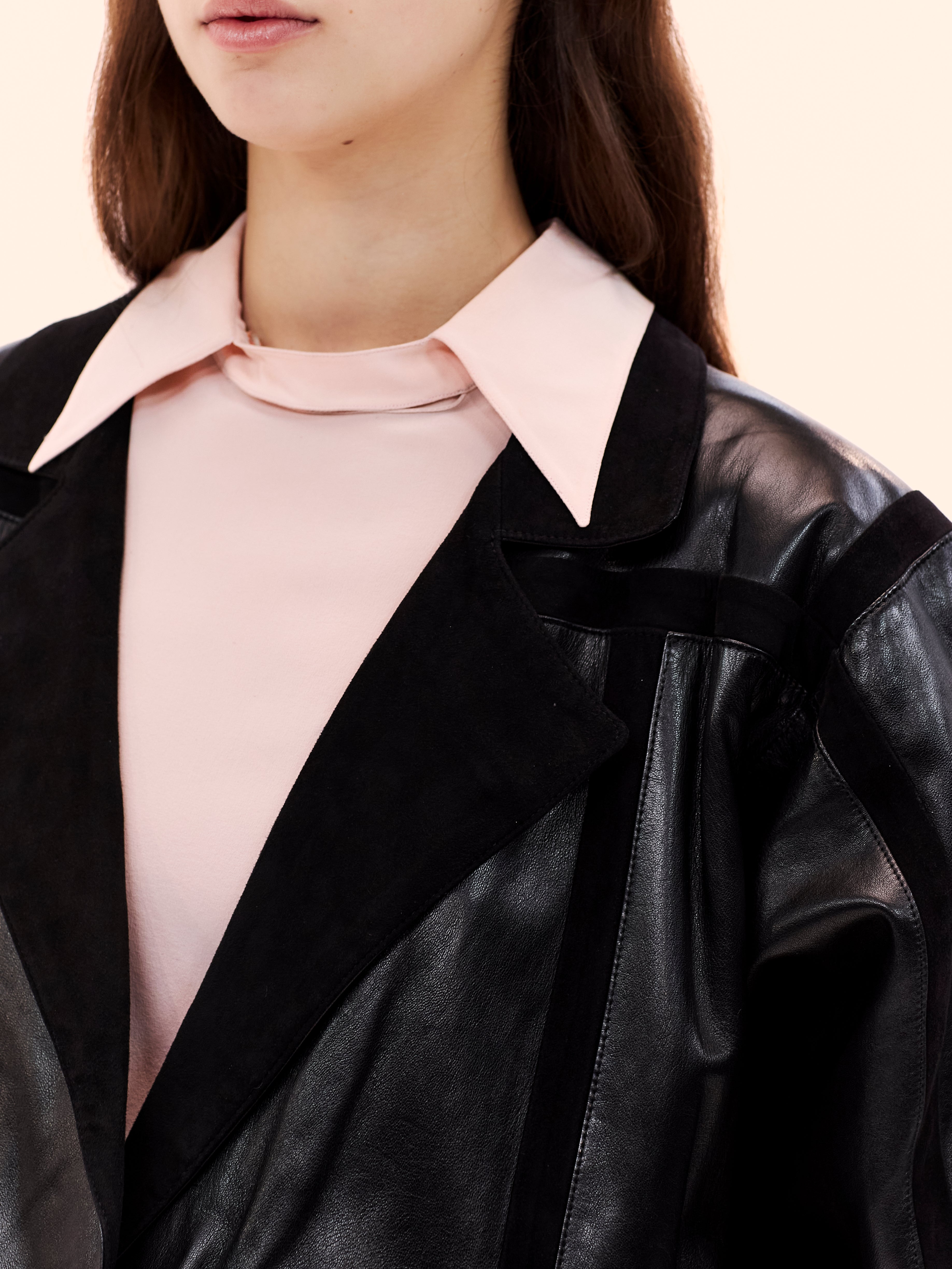1980 CHLOÉ BY KARL LAGERFELD BLACK LEATHER SUIT AND BLOUSE