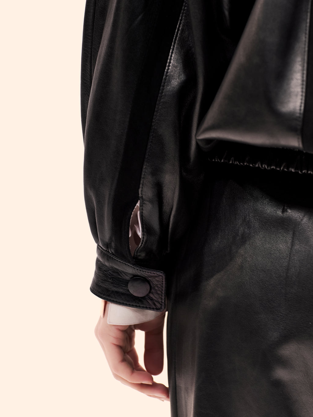 1980 CHLOÉ BY KARL LAGERFELD BLACK LEATHER SUIT AND BLOUSE