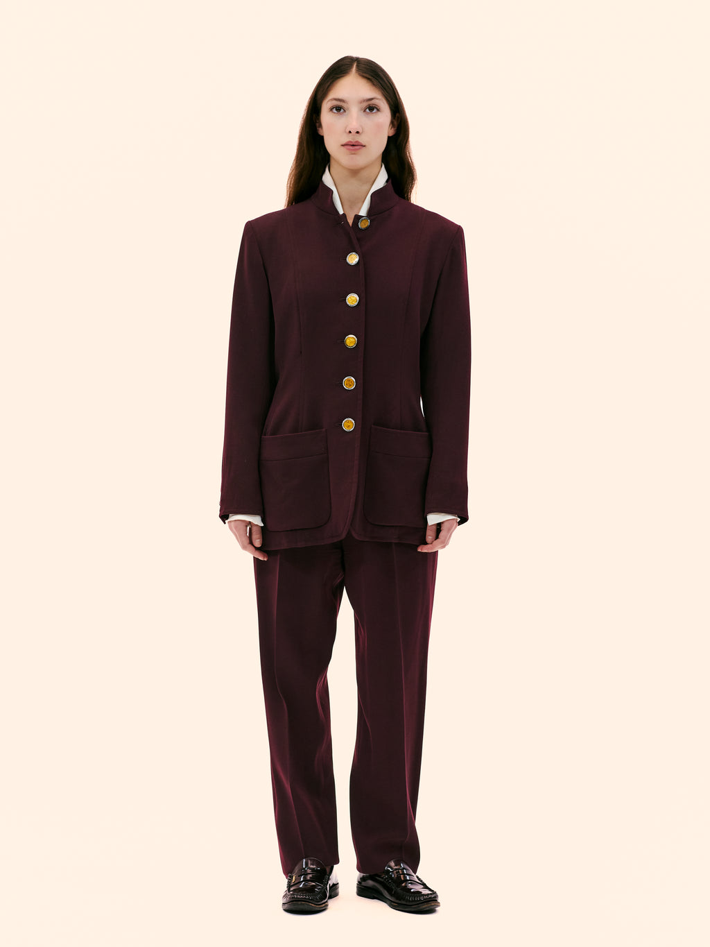 YVES SAINT LAURENT NEHRU COLLAR BURGANDY SUIT
