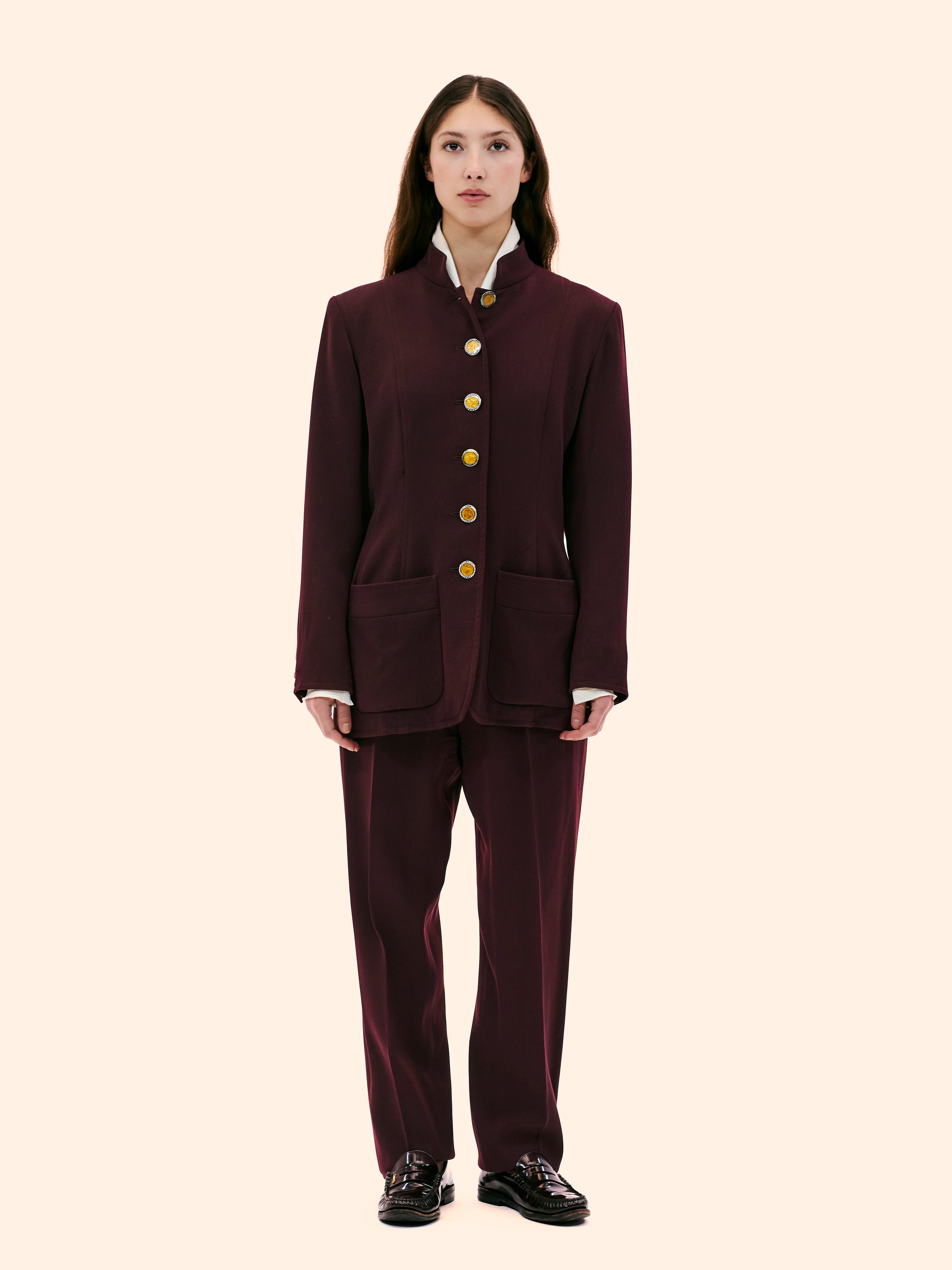 YVES SAINT LAURENT NEHRU COLLAR BURGANDY SUIT