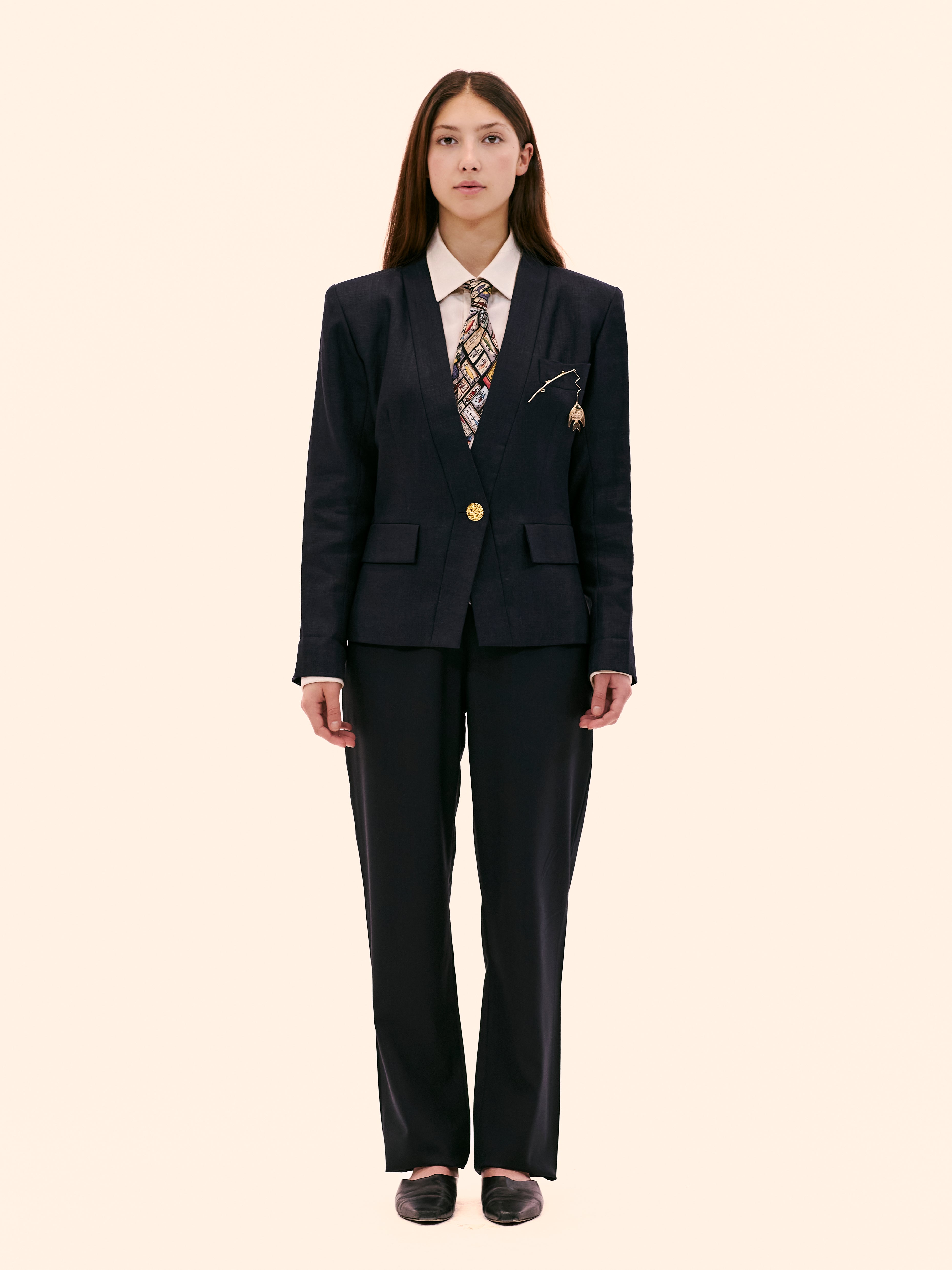 1990 YVES SAINT LAURENT LINEN NAVY COLLARLESS BLAZER