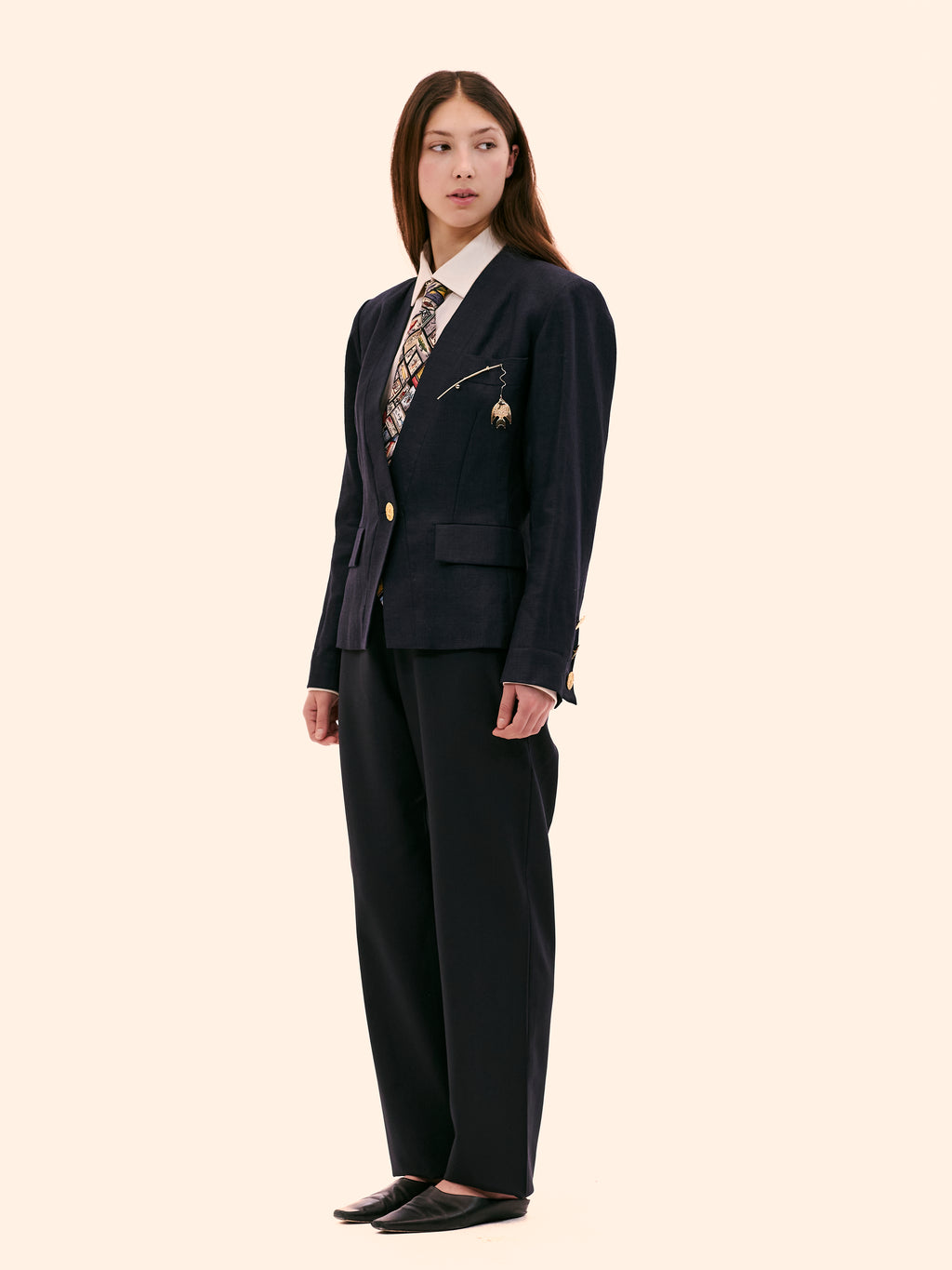 1990 YVES SAINT LAURENT LINEN NAVY COLLARLESS BLAZER