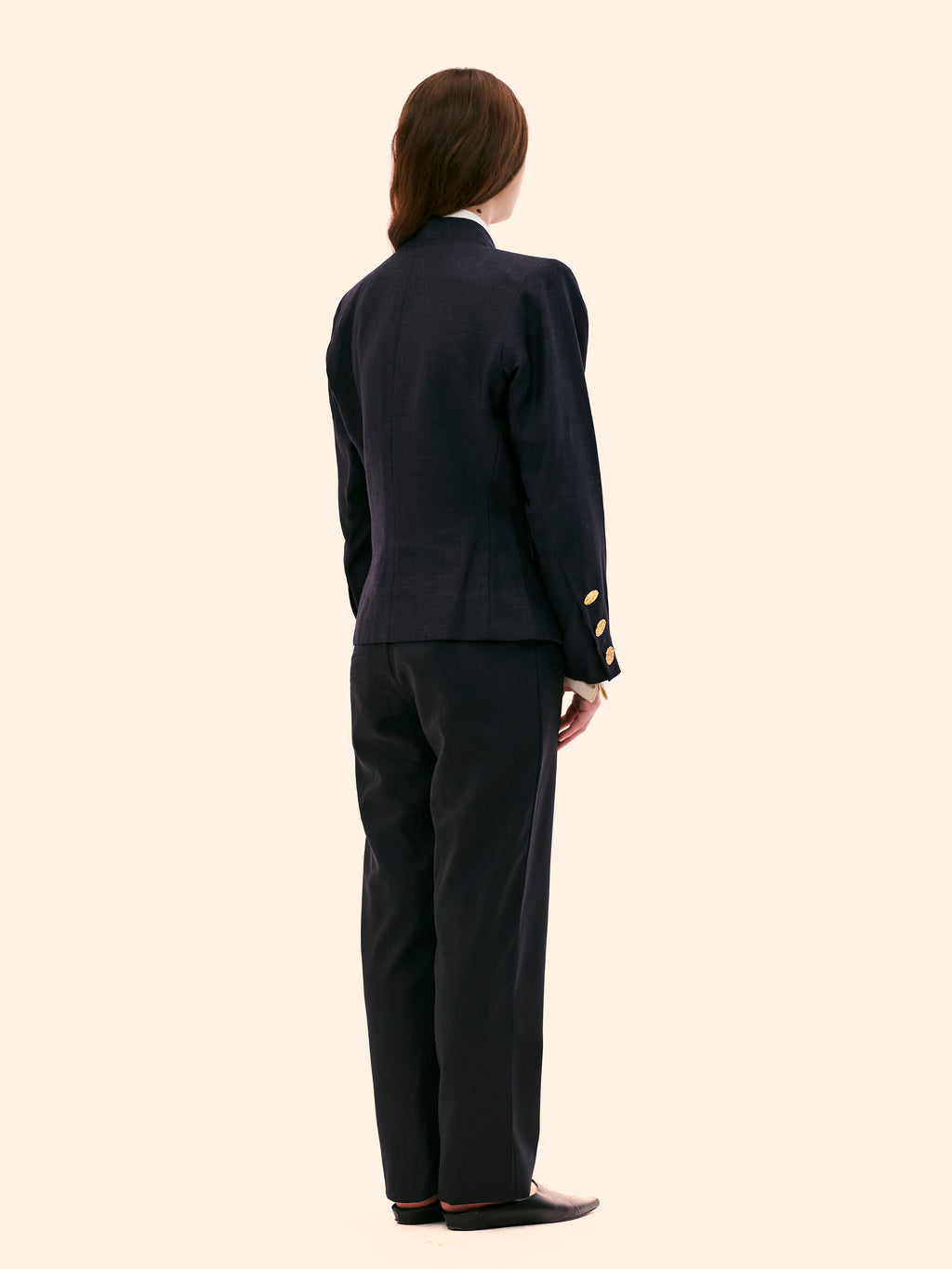 1990 YVES SAINT LAURENT LINEN NAVY COLLARLESS BLAZER