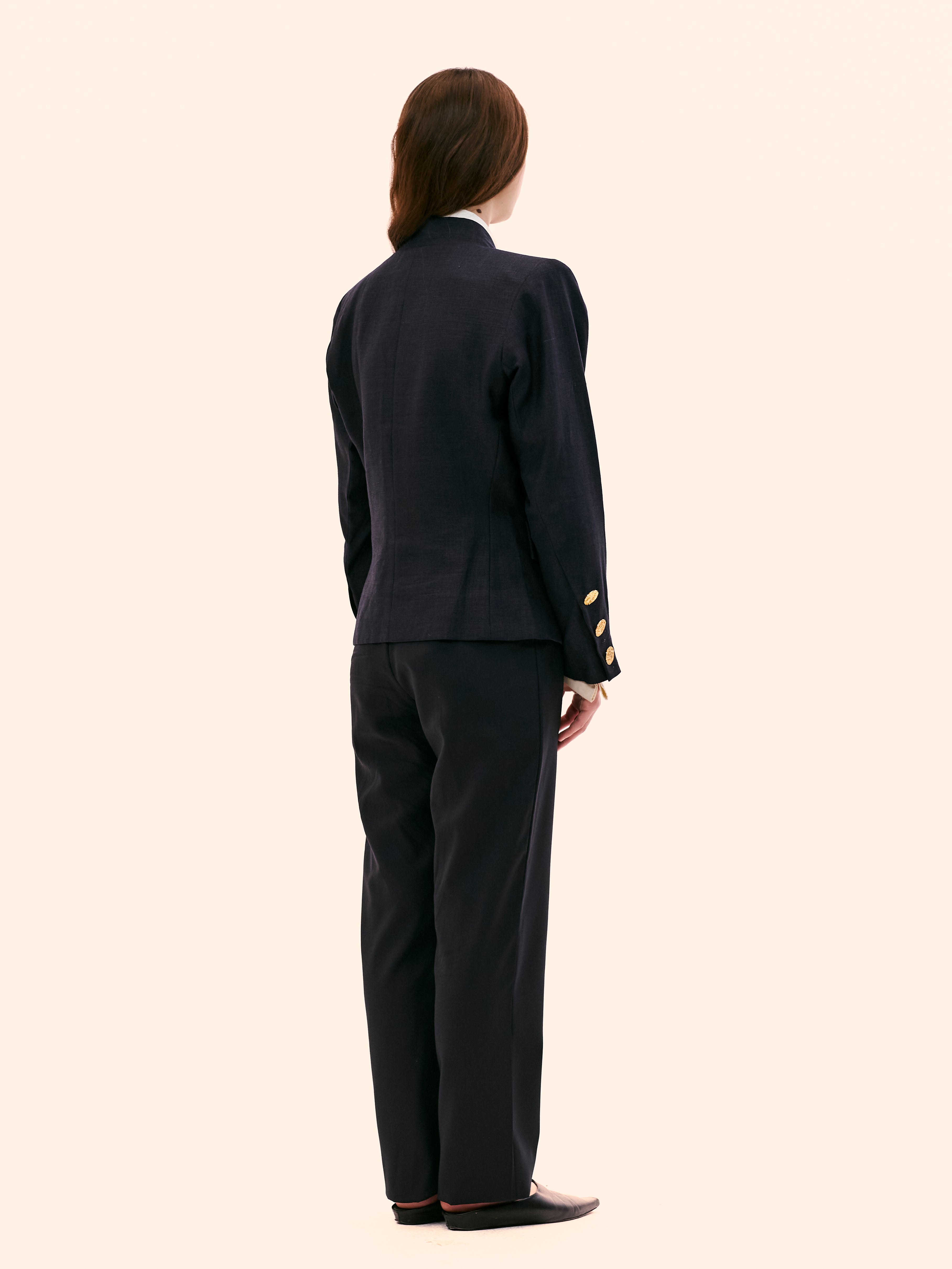 1990 YVES SAINT LAURENT LINEN NAVY COLLARLESS BLAZER