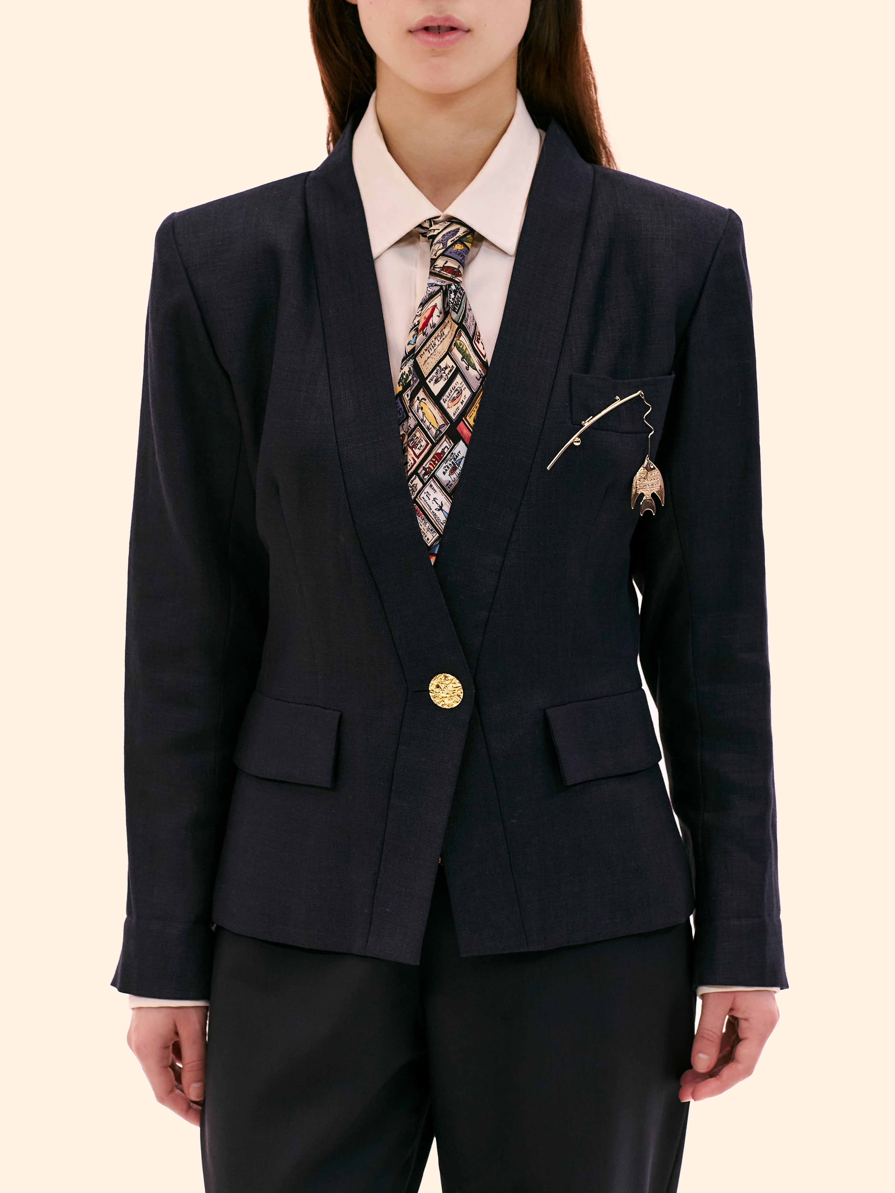1990 YVES SAINT LAURENT LINEN NAVY COLLARLESS BLAZER
