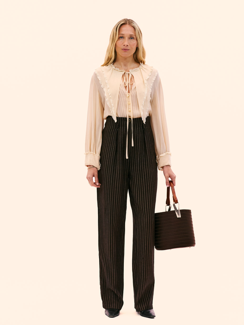 1980S CHLOE BY KARL LAGERFELD CREAM CHIFFON AND LACE BLOUSE