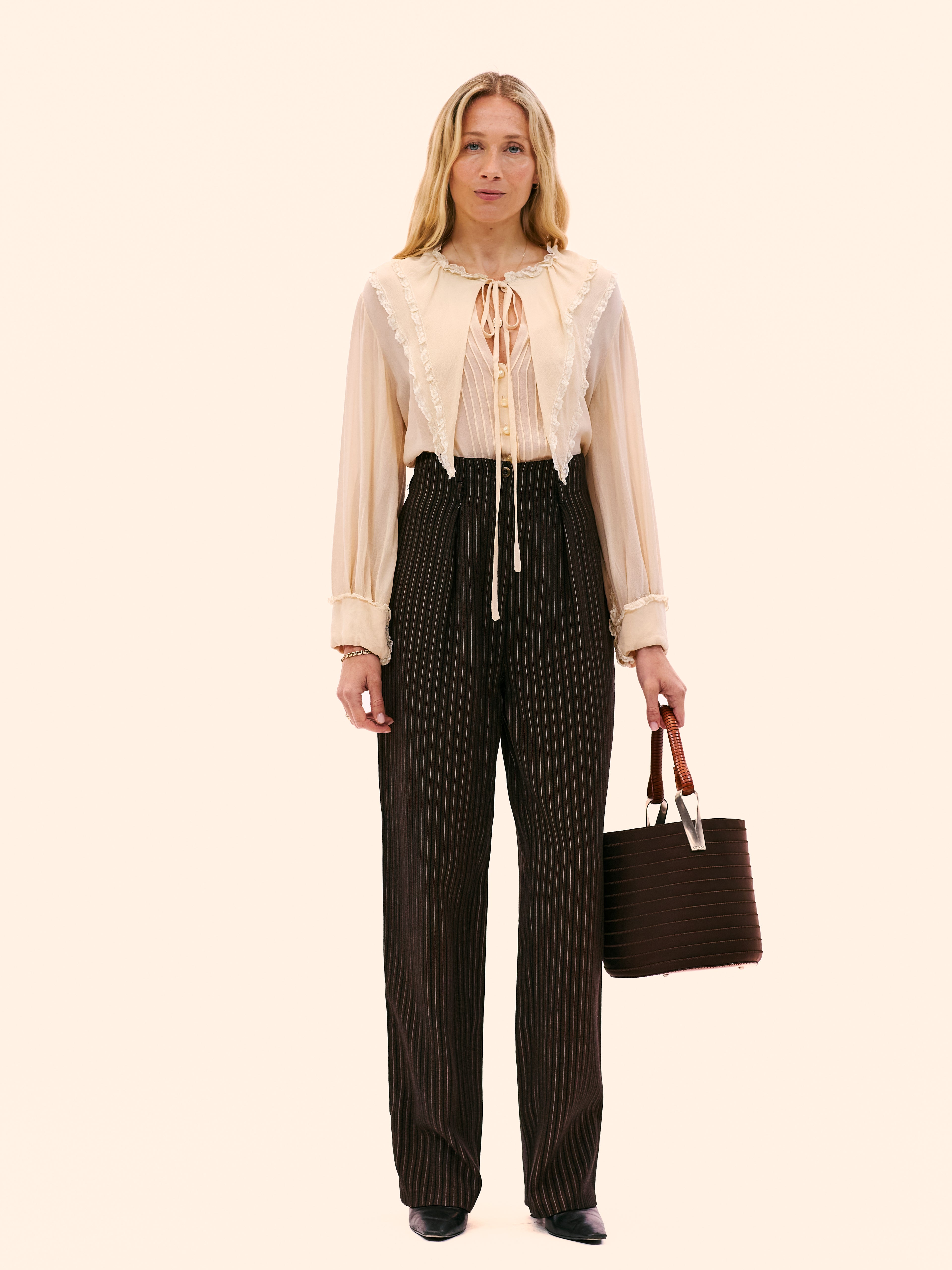 1980S CHLOE BY KARL LAGERFELD CREAM CHIFFON AND LACE BLOUSE