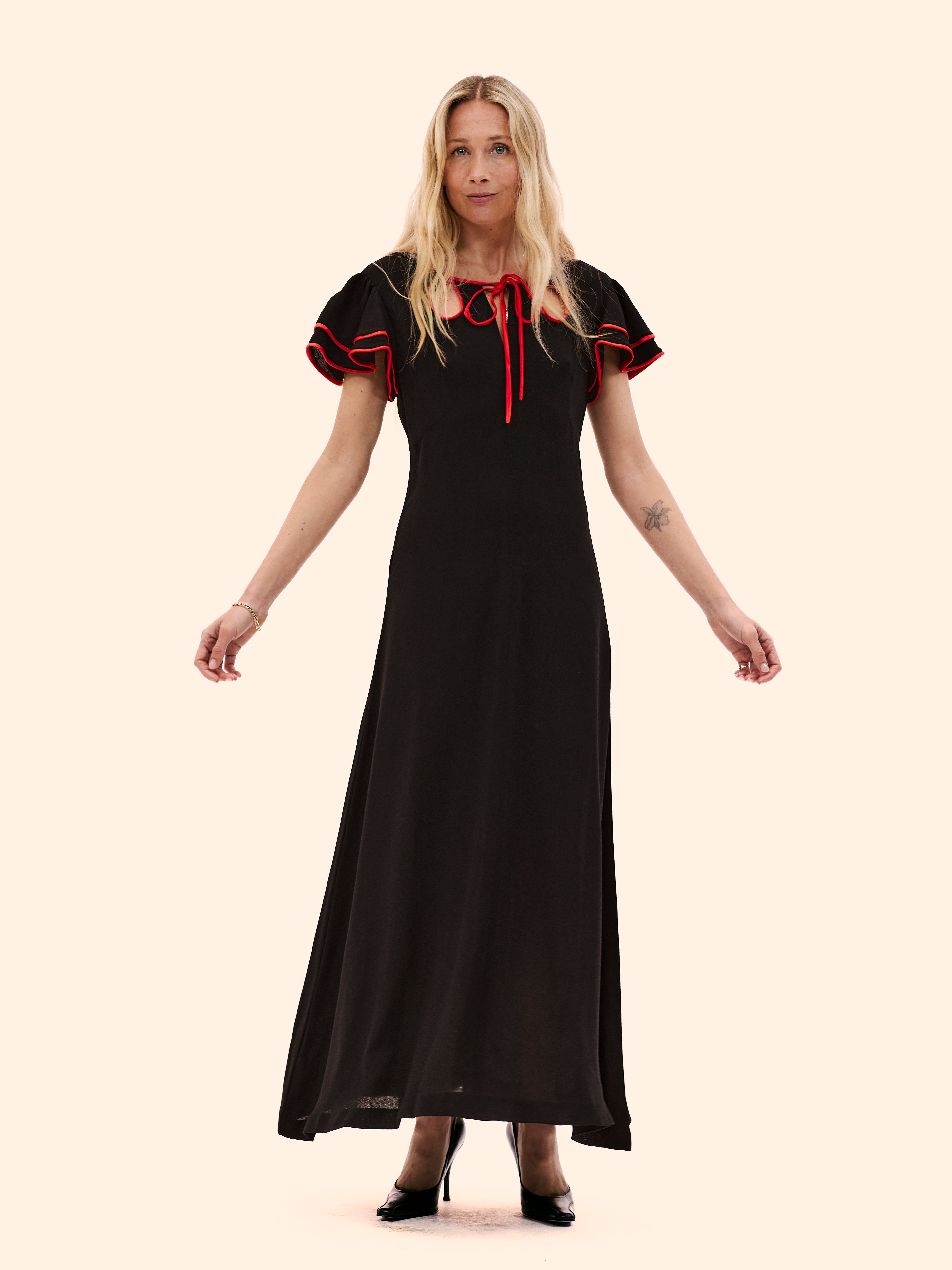 1972 OSSIE CLARK FOR RADLEY BLACK AND RED CREPE DRESS