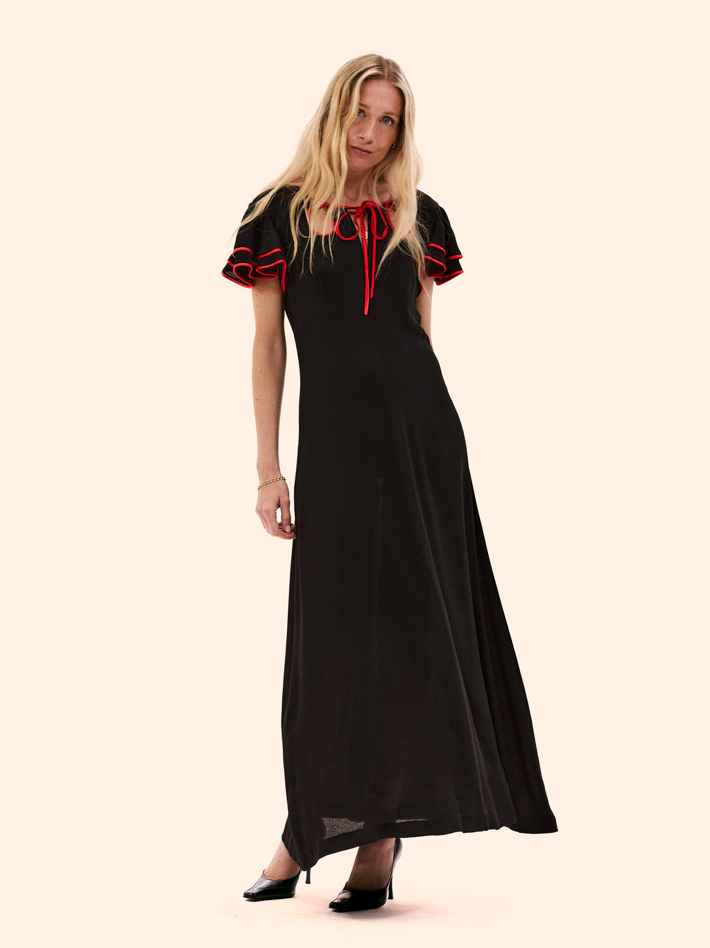 1972 OSSIE CLARK FOR RADLEY BLACK AND RED CREPE DRESS