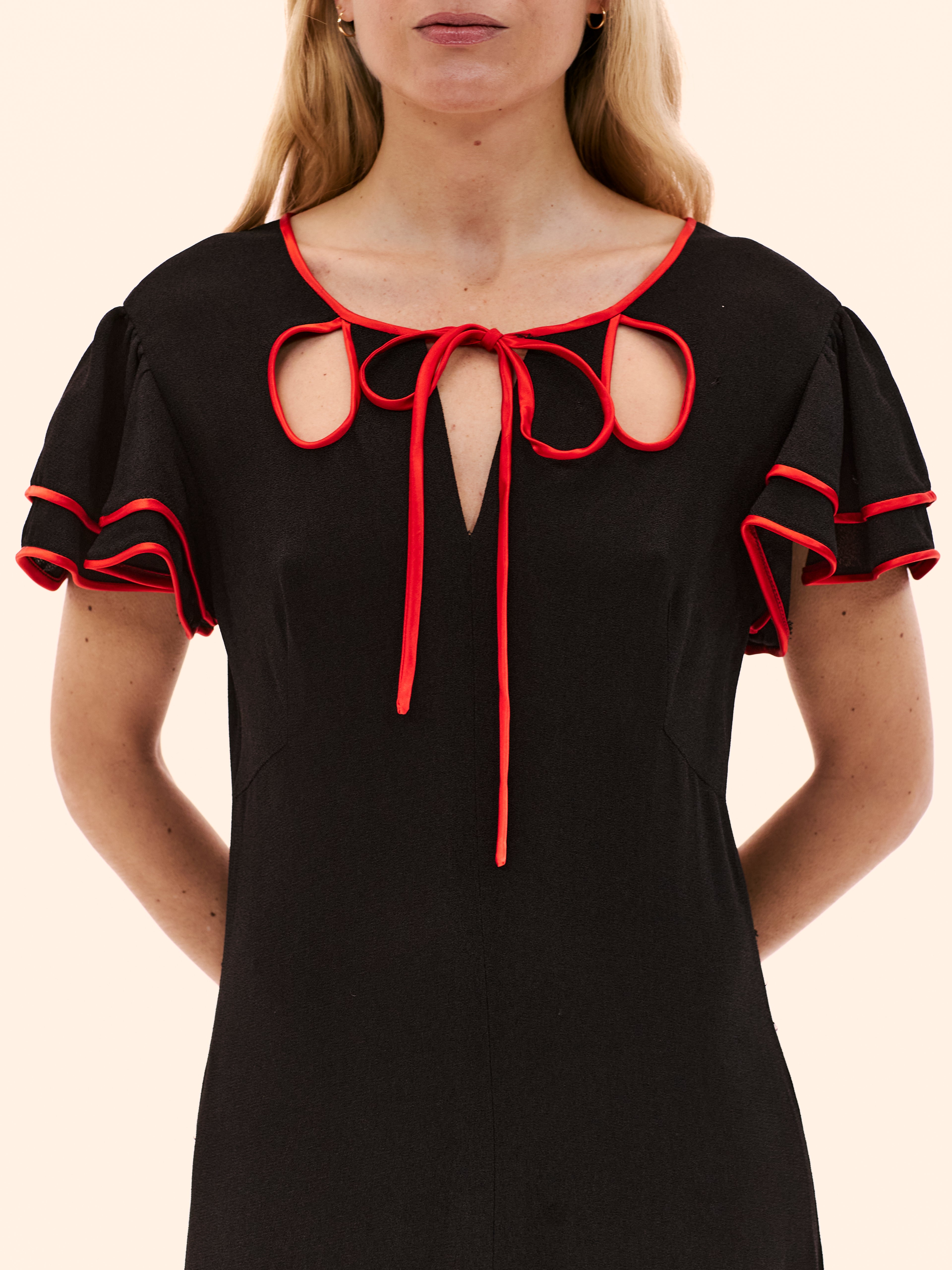 1972 OSSIE CLARK FOR RADLEY BLACK AND RED CREPE DRESS