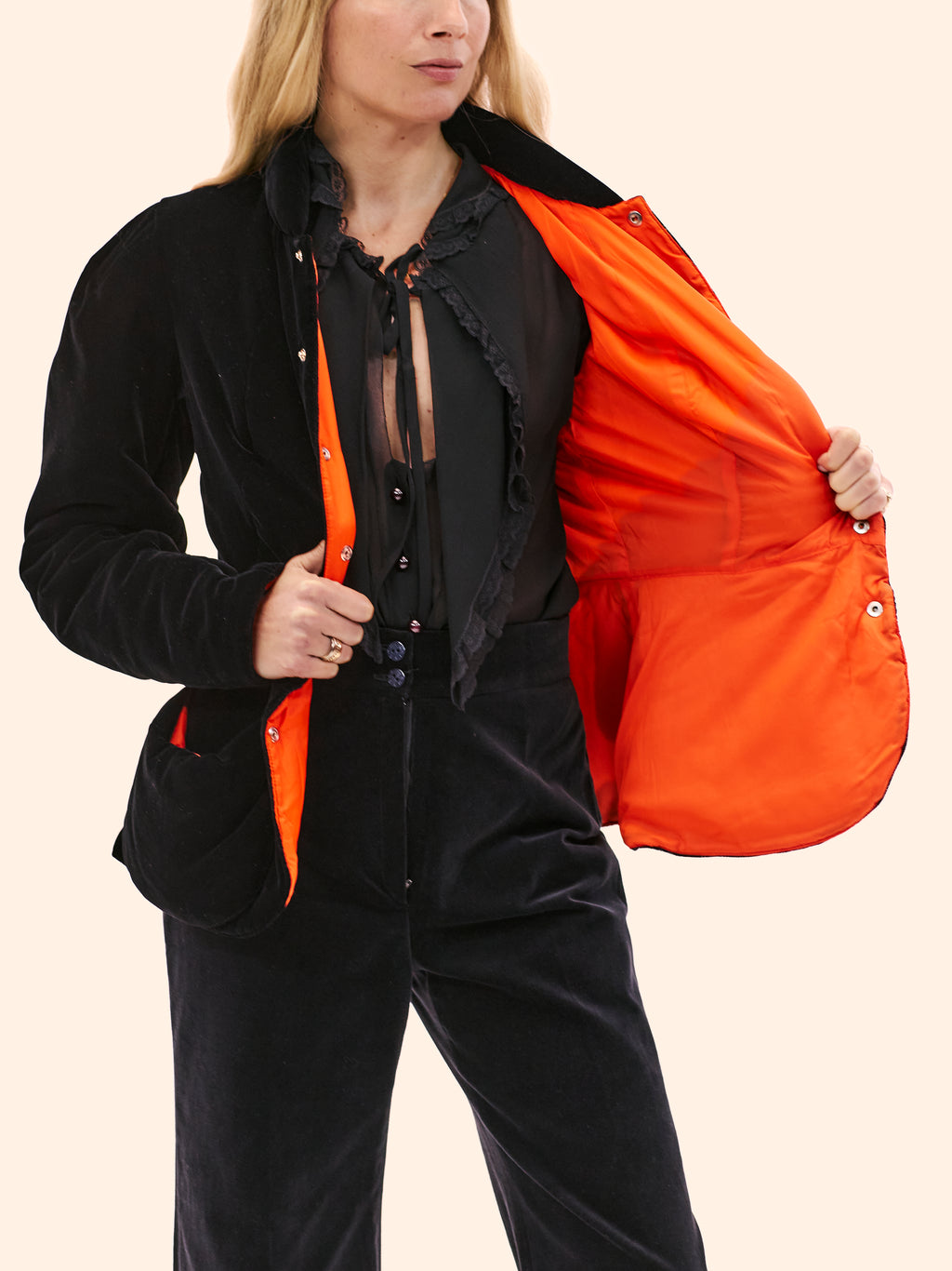 AW95-96 JEAN PAUL GAULTIER BLACK AND ORANGE PADDED VELVET JACKET