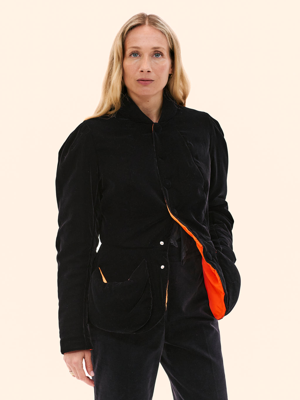 AW95-96 JEAN PAUL GAULTIER BLACK AND ORANGE PADDED VELVET JACKET
