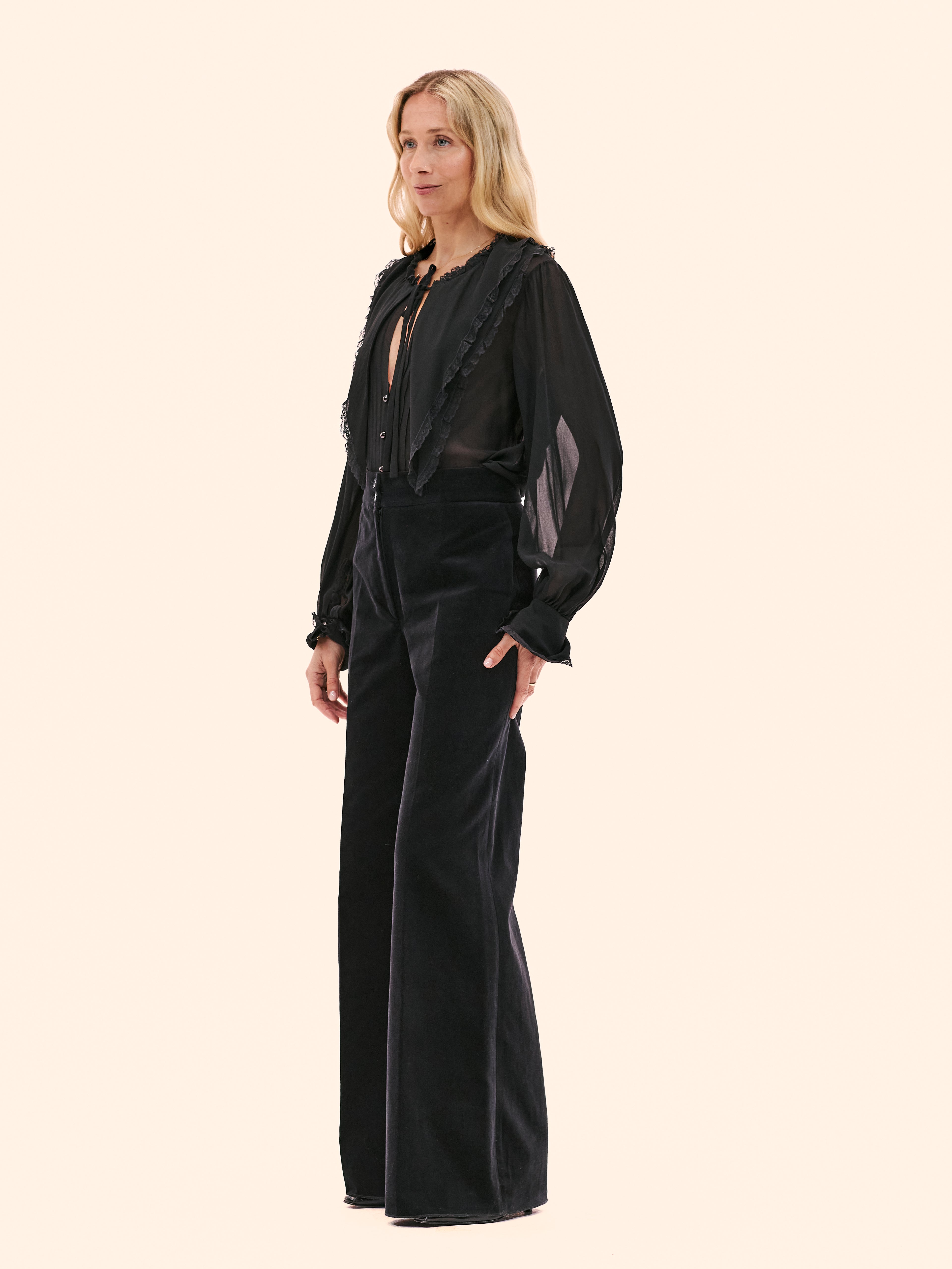 1980'S CHLOE BY KARL LAGERFELD READY TO WEAR BLACK CHIFFON AND LACE BLOUSE