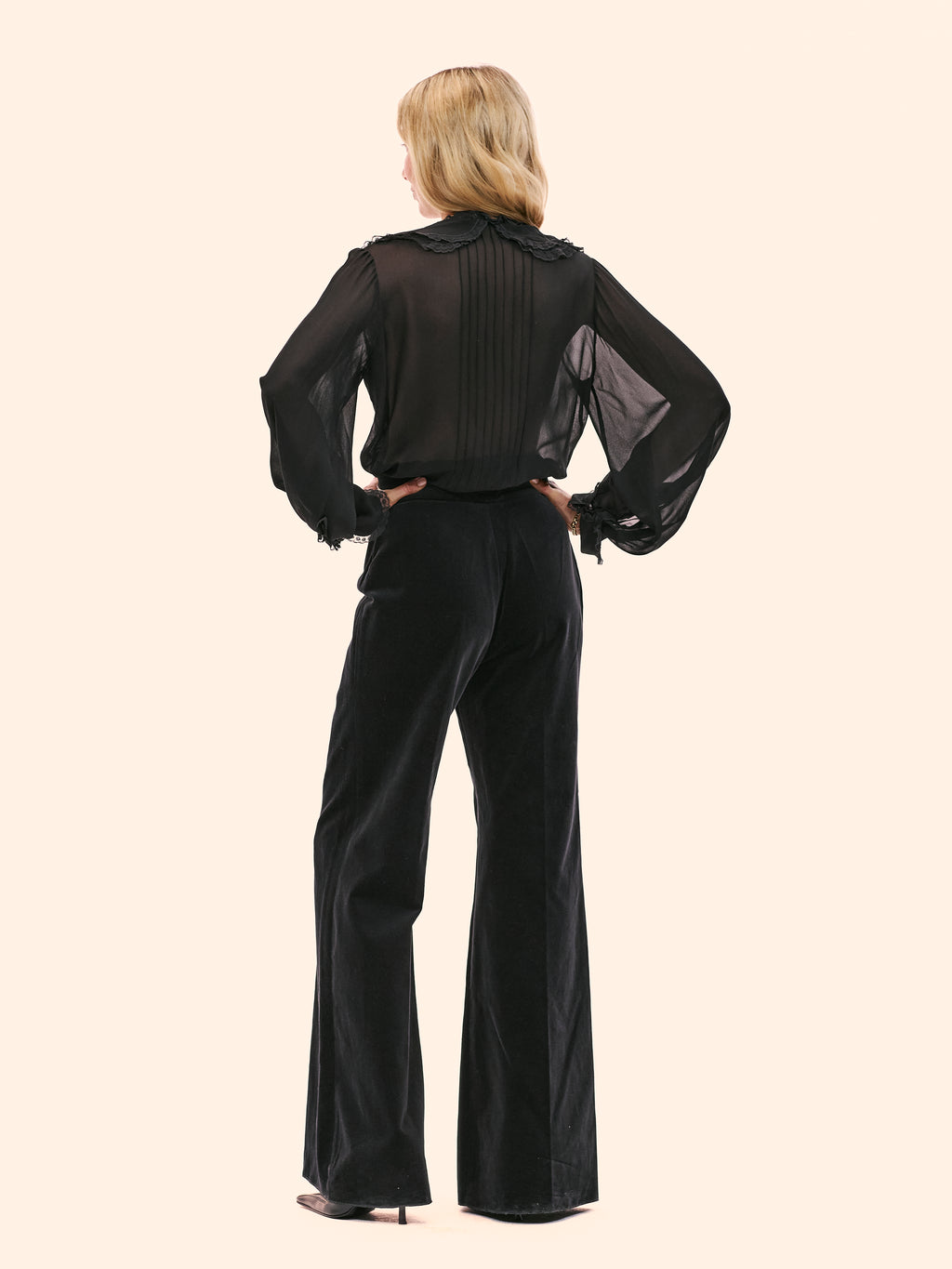 1980'S CHLOE BY KARL LAGERFELD READY TO WEAR BLACK CHIFFON AND LACE BLOUSE