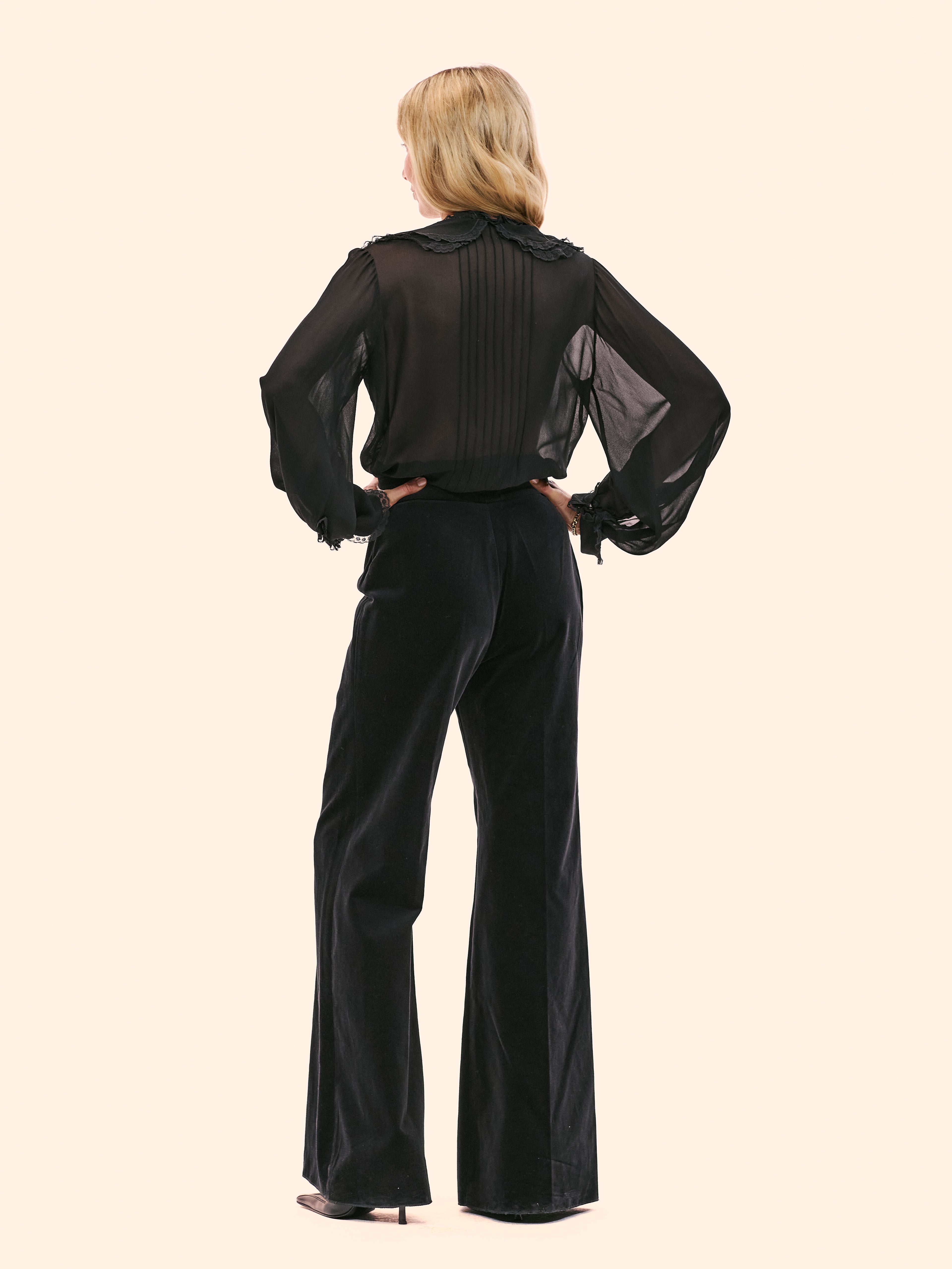 1980'S CHLOE BY KARL LAGERFELD READY TO WEAR BLACK CHIFFON AND LACE BLOUSE