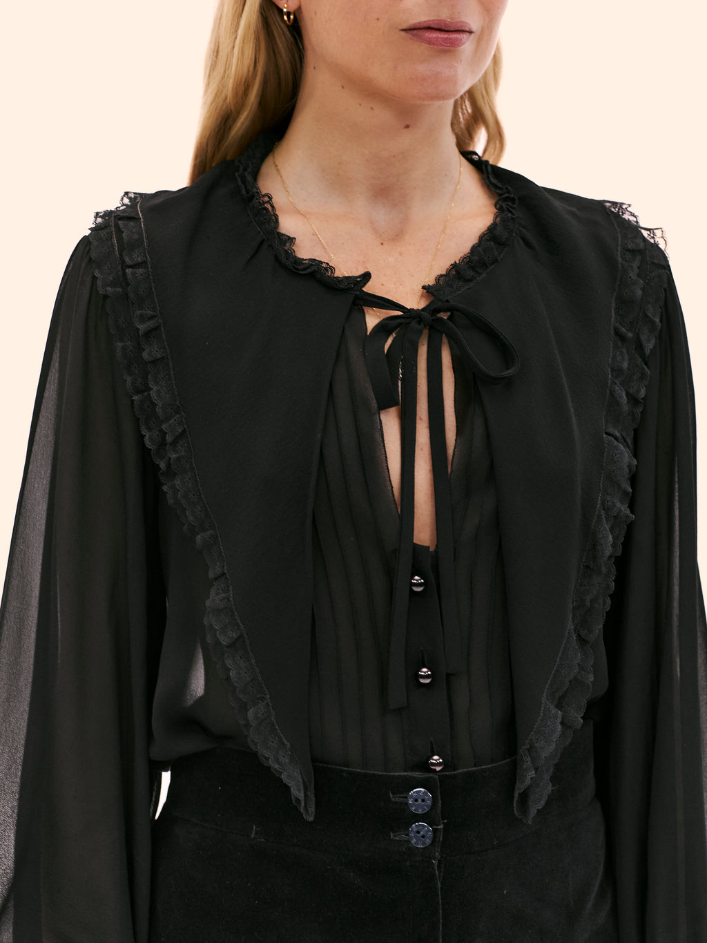 1980'S CHLOE BY KARL LAGERFELD READY TO WEAR BLACK CHIFFON AND LACE BLOUSE
