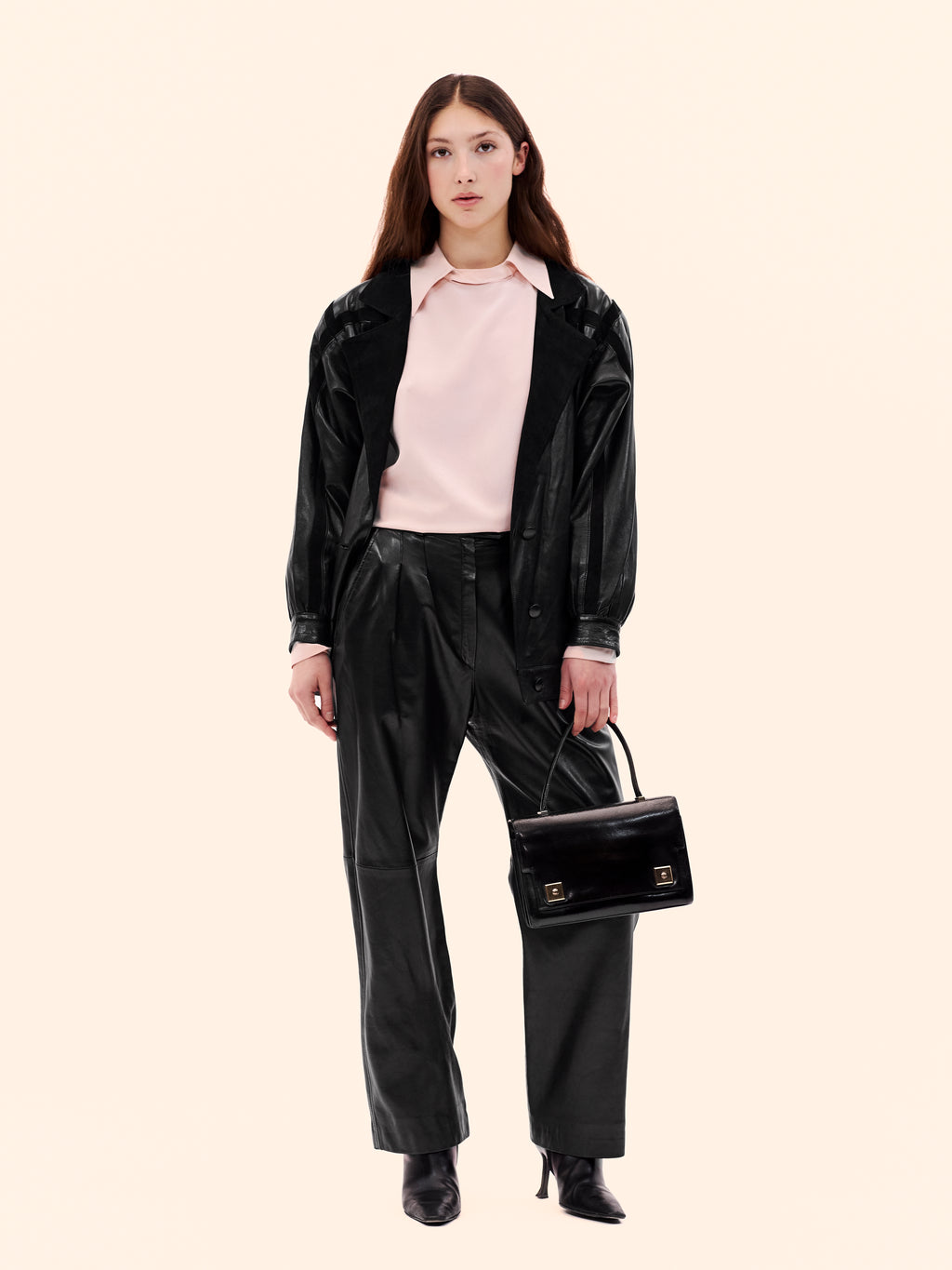 1980 CHLOÉ BY KARL LAGERFELD BLACK LEATHER SUIT AND BLOUSE