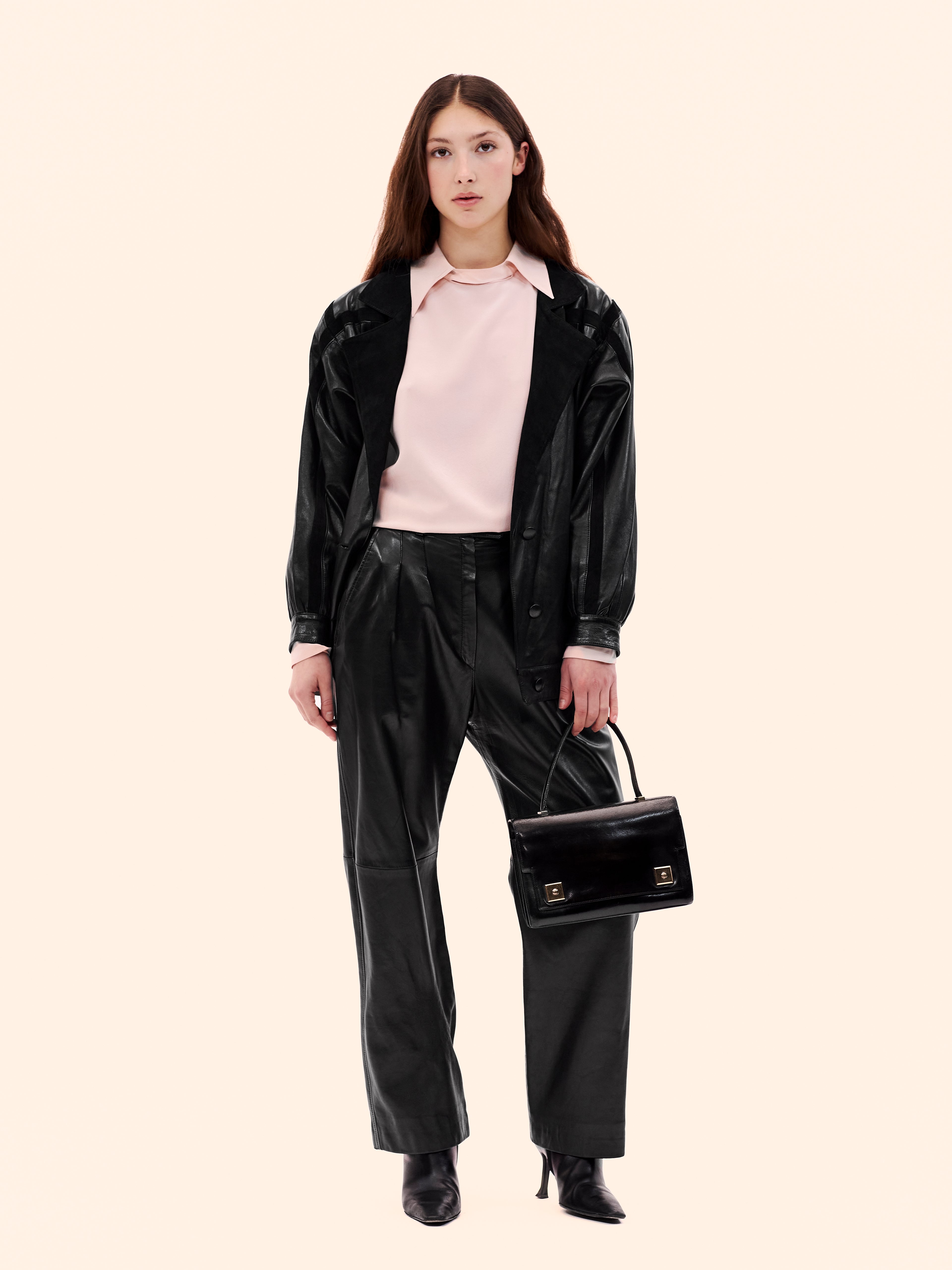 1980 CHLOÉ BY KARL LAGERFELD BLACK LEATHER SUIT AND BLOUSE