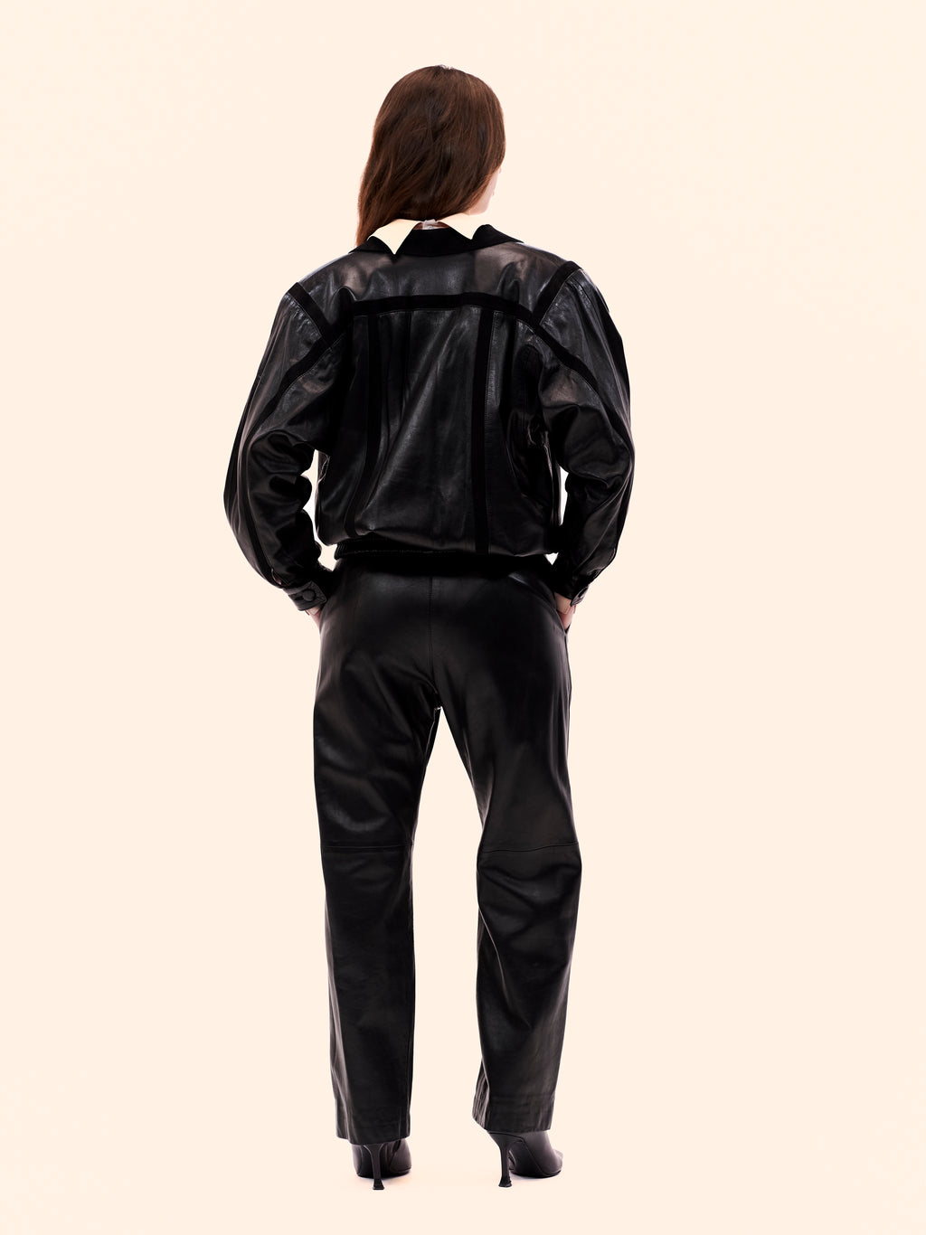 1980 CHLOÉ BY KARL LAGERFELD BLACK LEATHER SUIT AND BLOUSE