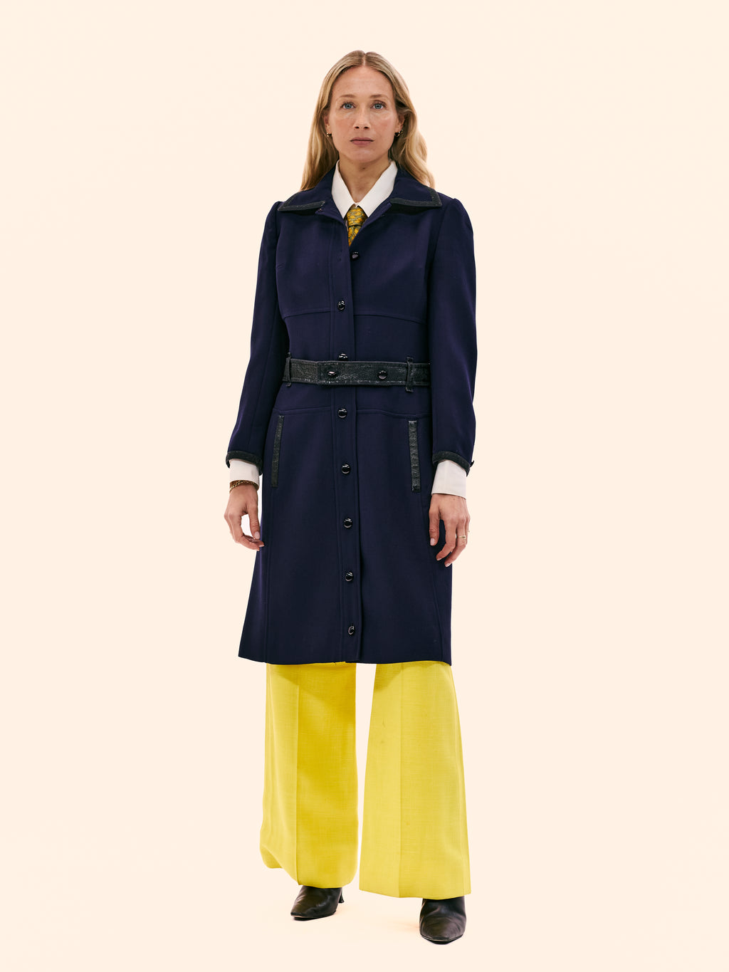 COURREGES NAVY WOOL COAT WITH YELLOW LINEN TROUSERS