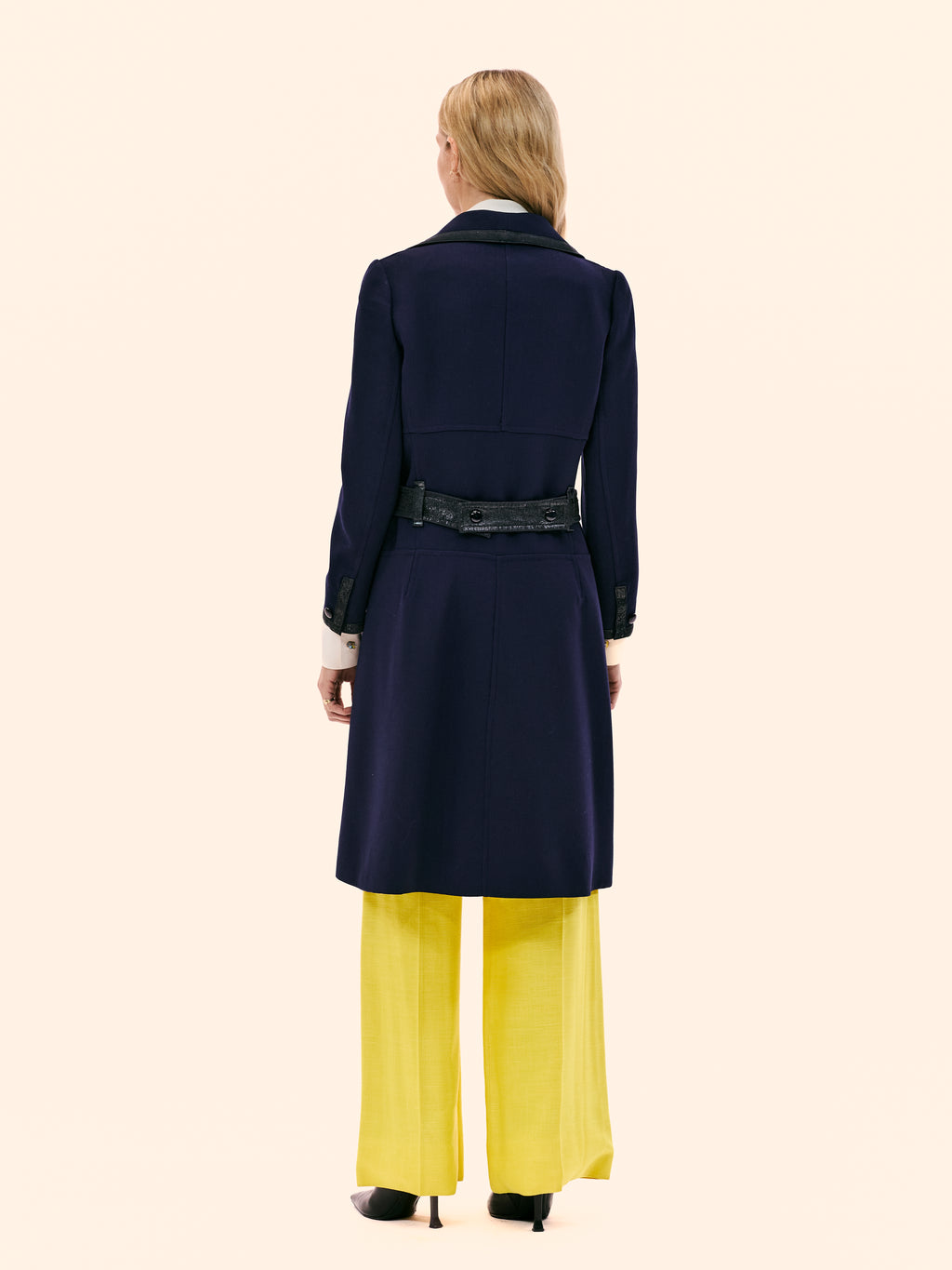 COURREGES NAVY WOOL COAT WITH YELLOW LINEN TROUSERS
