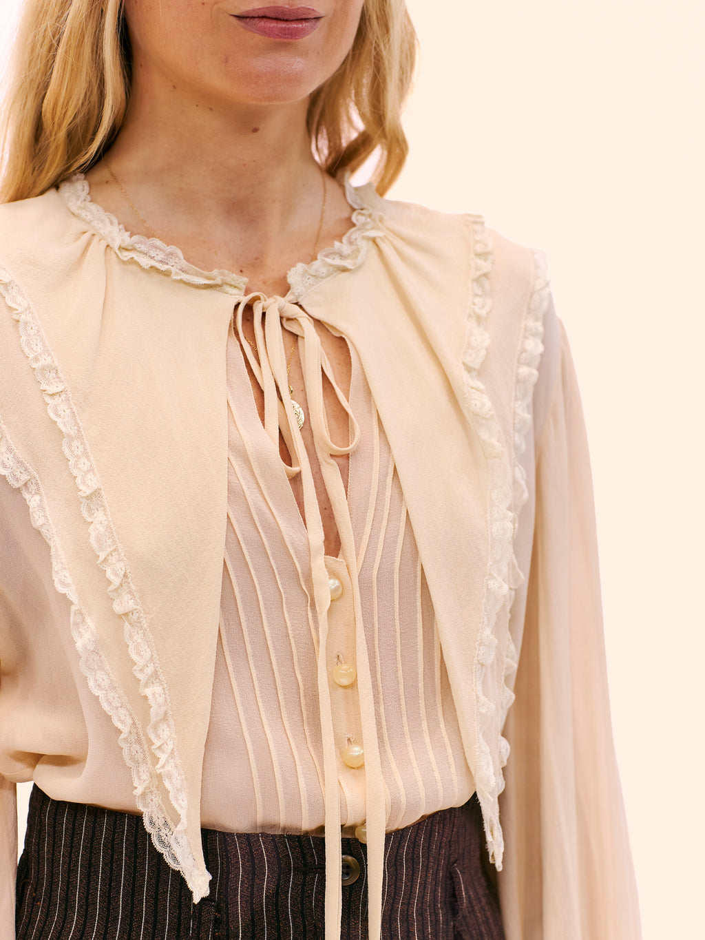 1980S CHLOE BY KARL LAGERFELD CREAM CHIFFON AND LACE BLOUSE