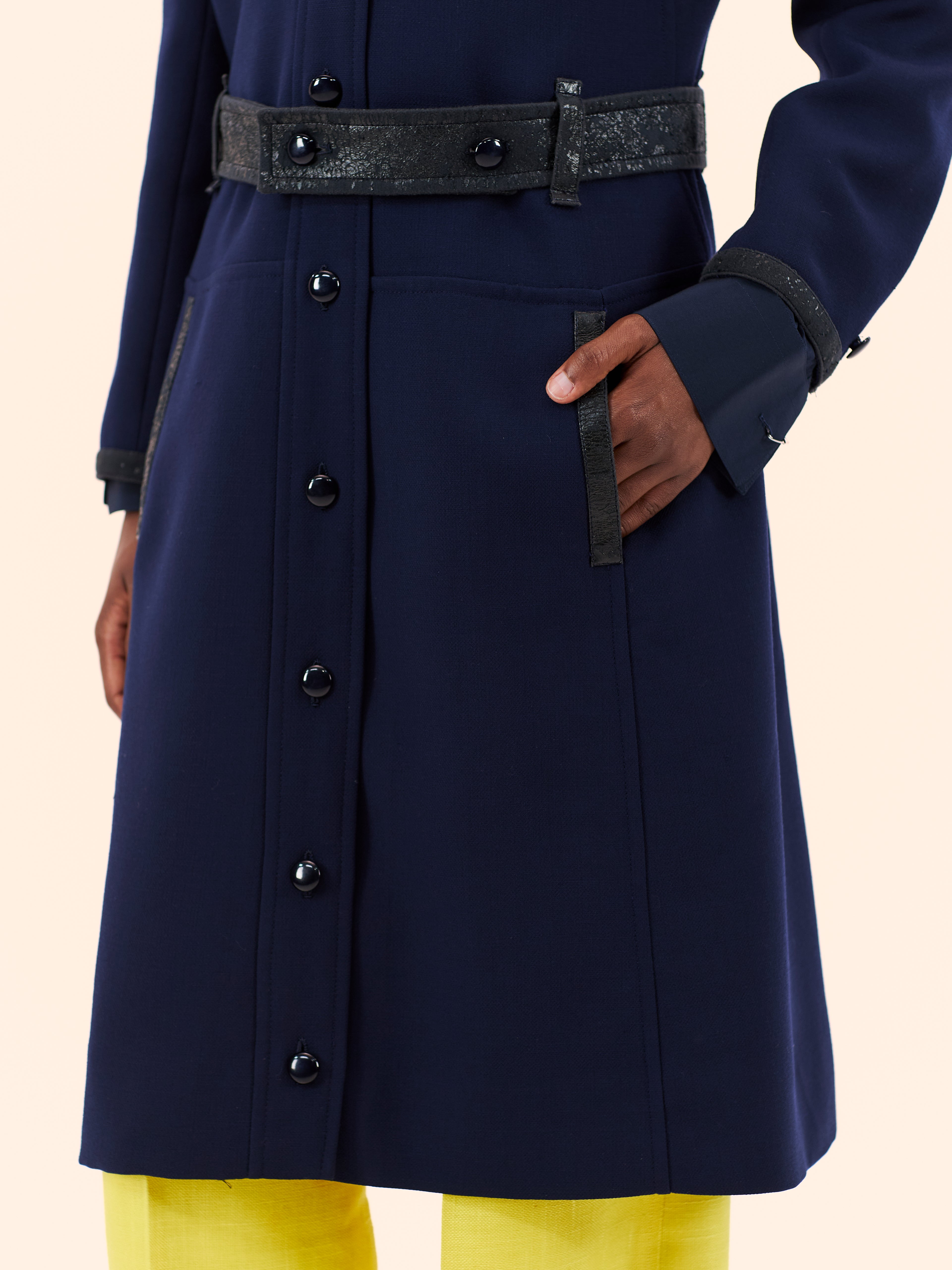COURREGES NAVY WOOL COAT WITH YELLOW LINEN TROUSERS