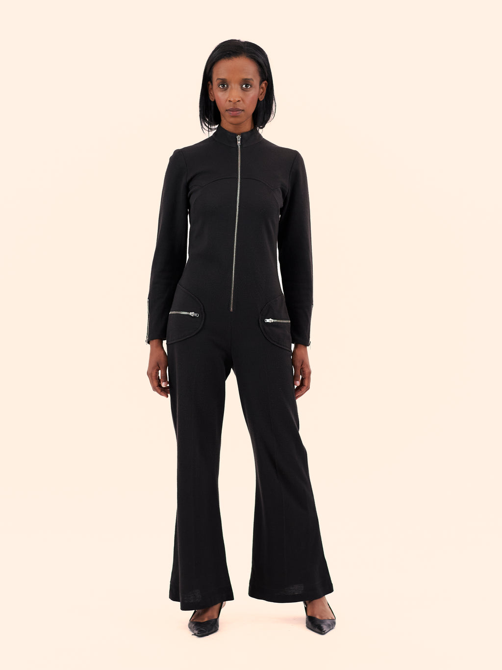 1970'S BIRI SPORTSWEAR KNIT BLACK JUMPSUIT