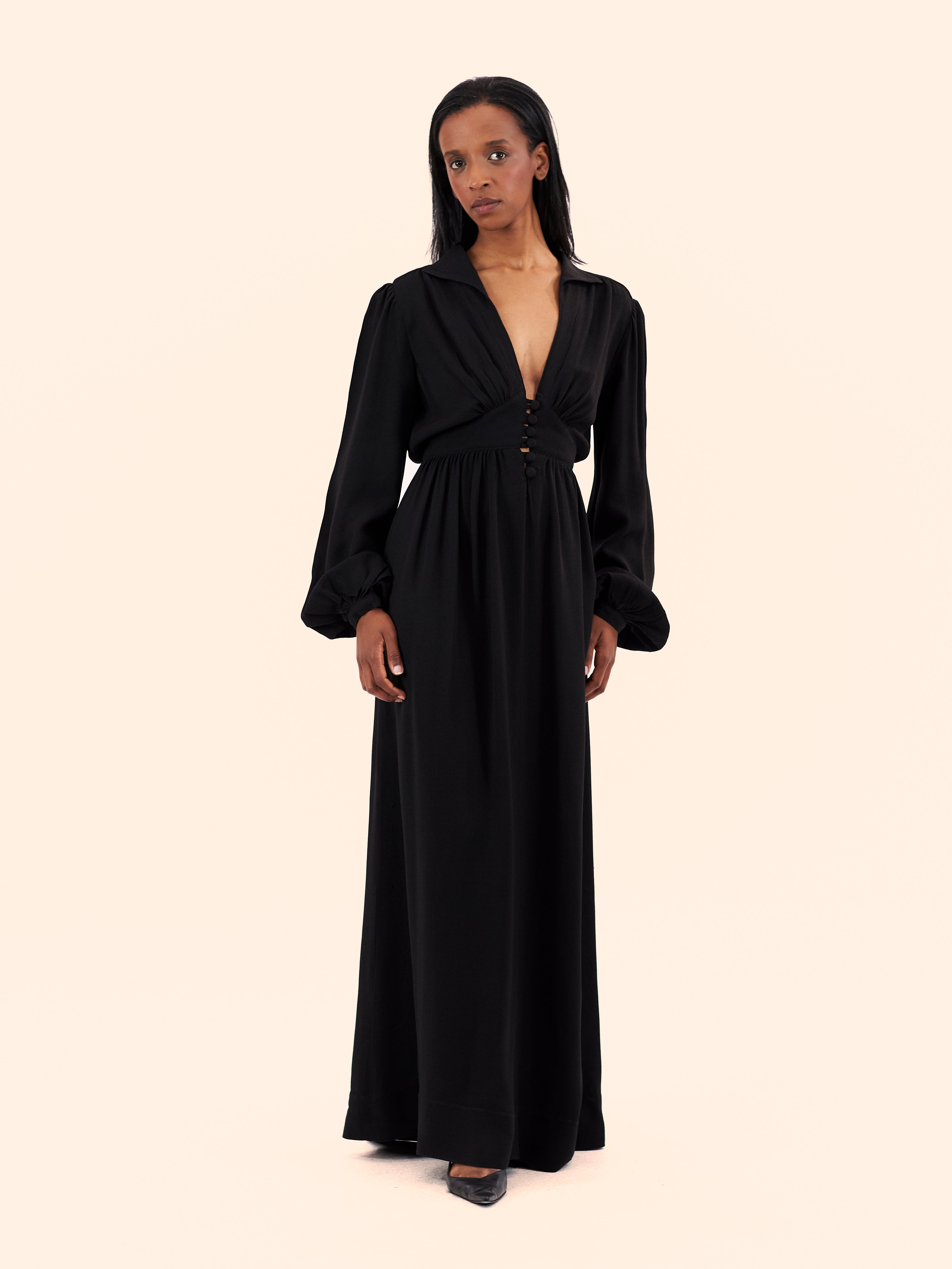 1970'S OSSIE CLARK FOR RADLEY BLACK MAXI DRESS