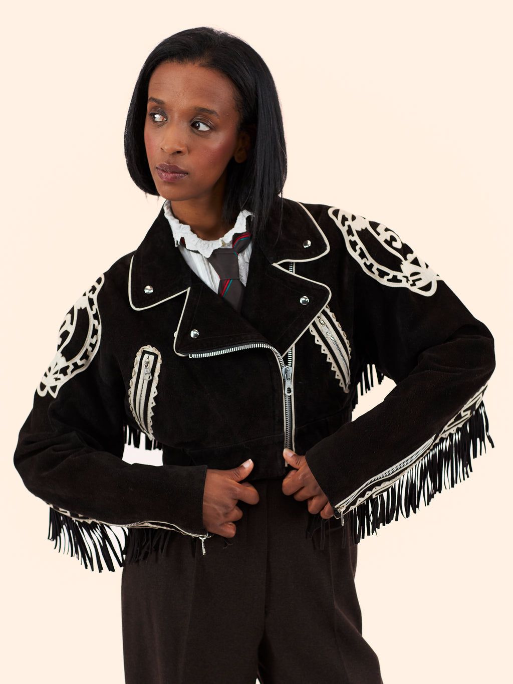 1986 JEAN PAUL GAULTIER X GHEZZI CROPPED SUEDE BIKER JACKET