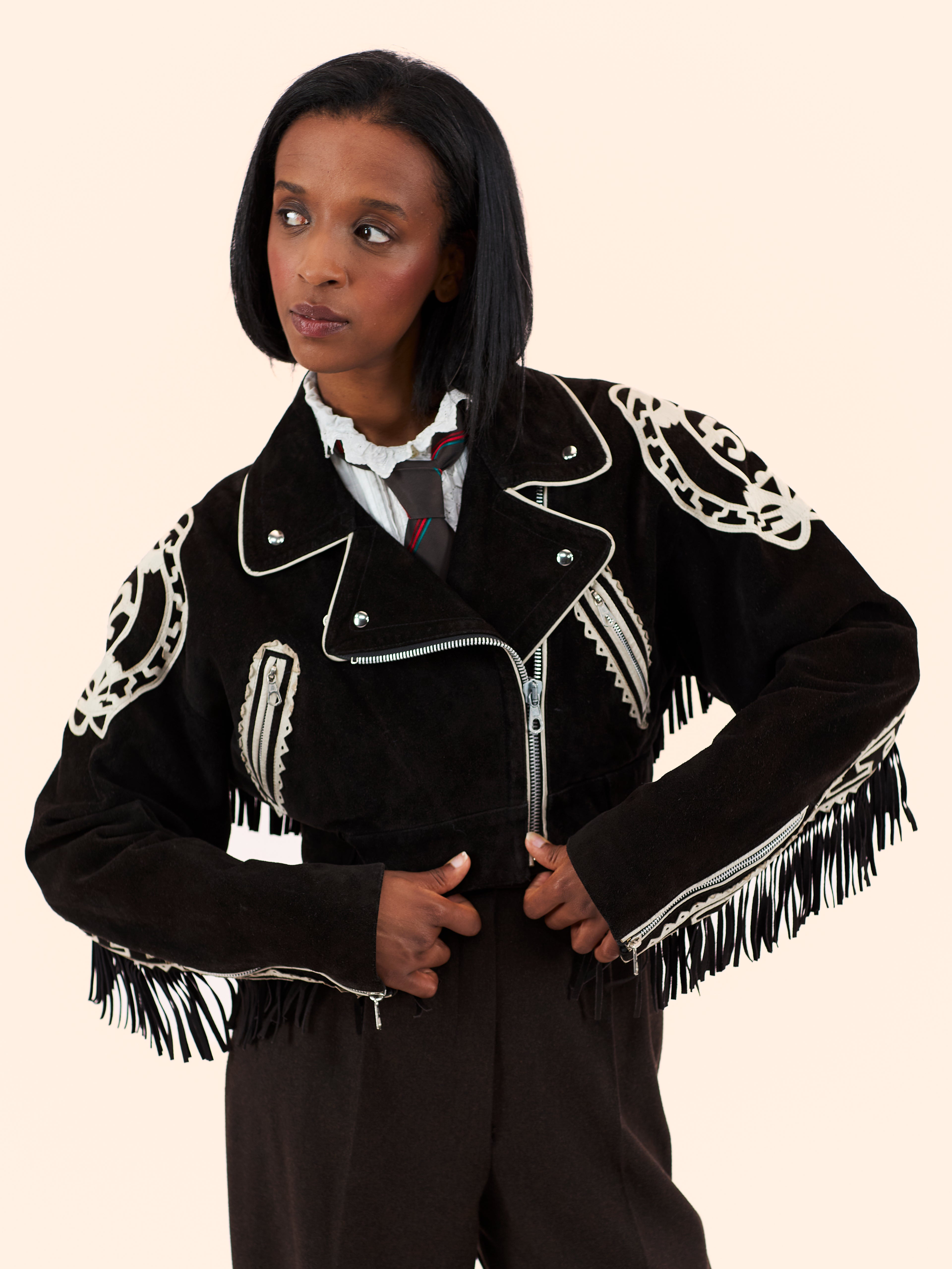 1986 JEAN PAUL GAULTIER X GHEZZI CROPPED SUEDE BIKER JACKET