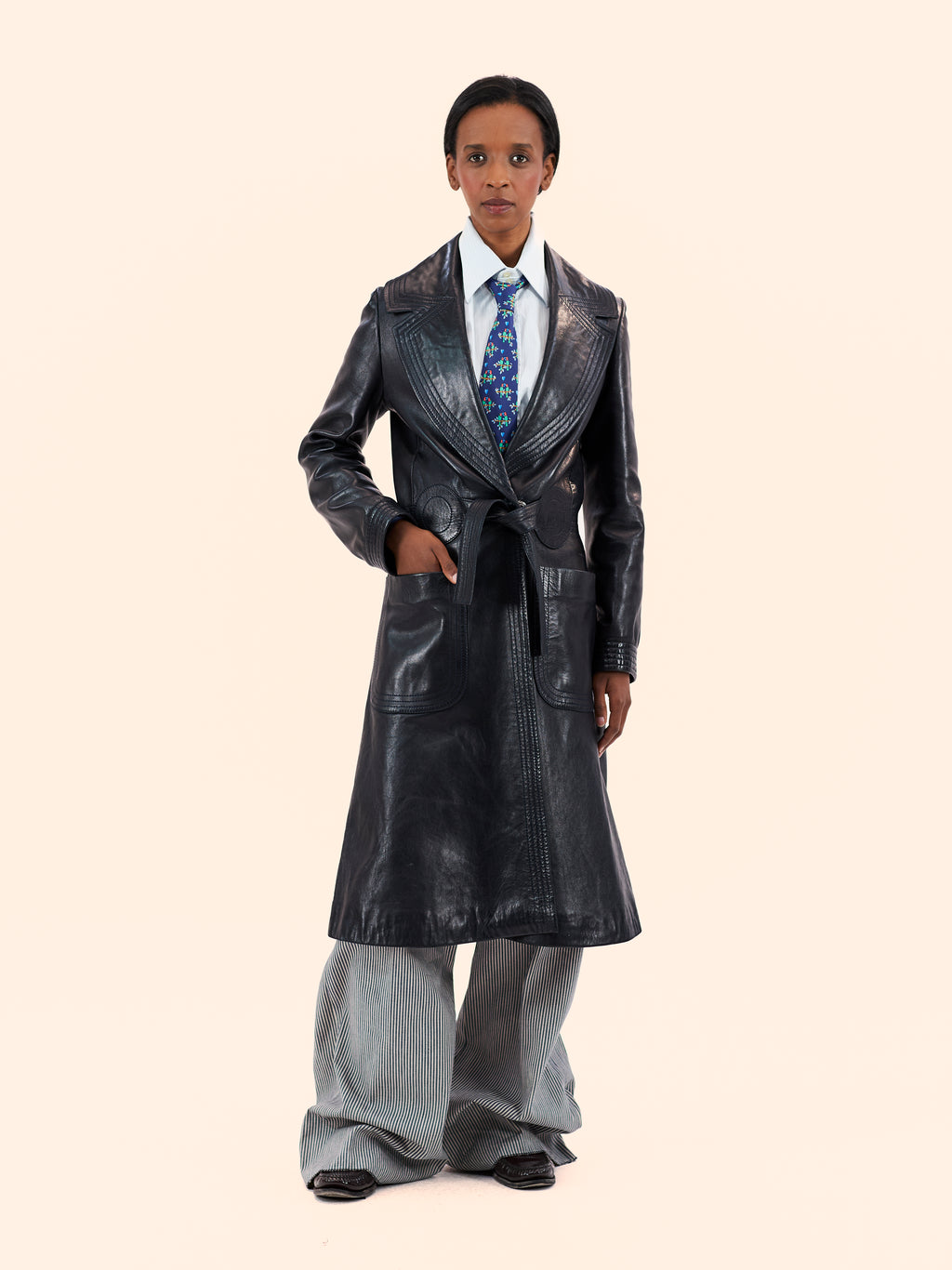 EARLY 1970'S PIERRE CARDIN NAVY LEATHER TRENCH COAT
