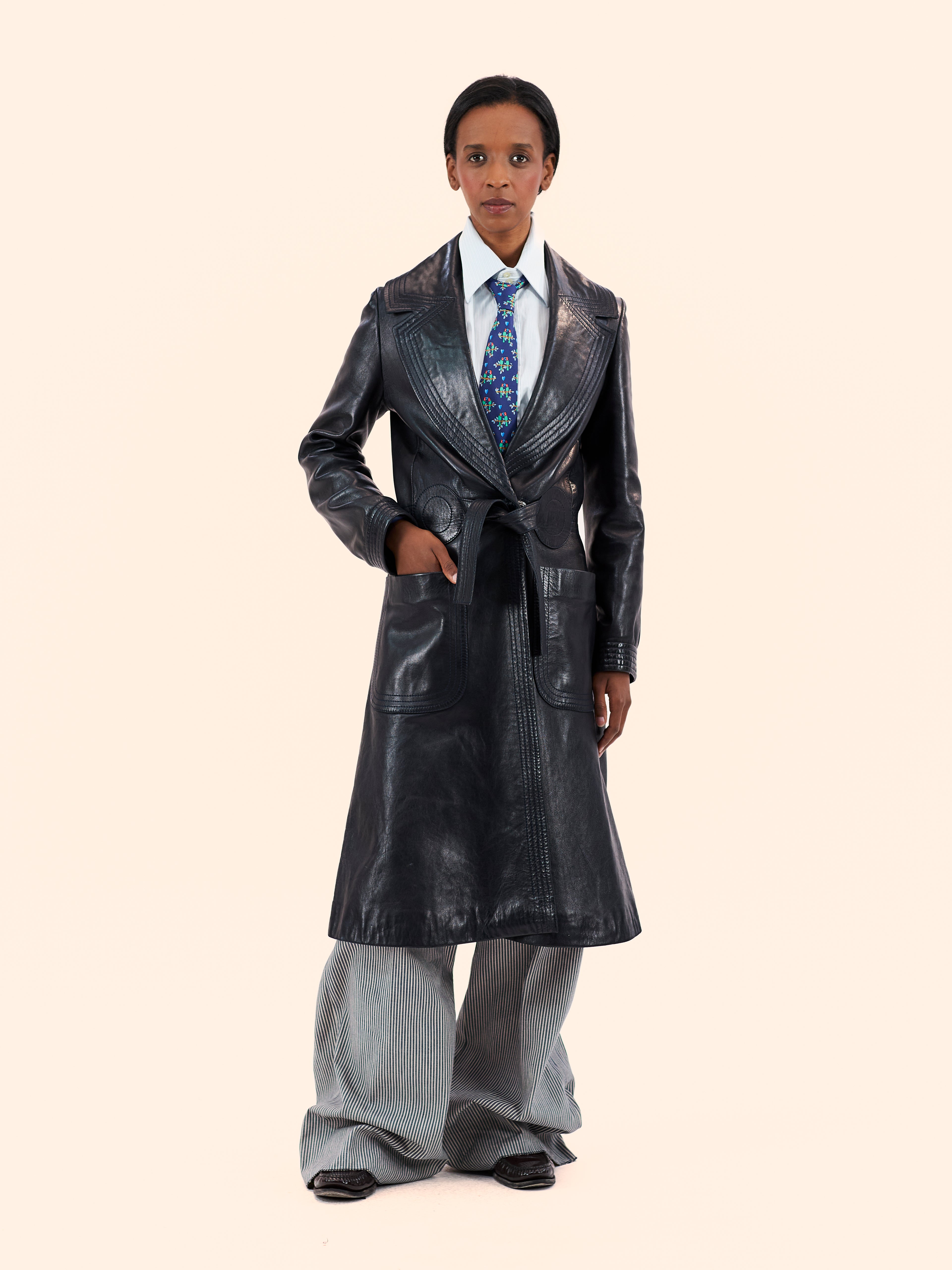 EARLY 1970'S PIERRE CARDIN NAVY LEATHER TRENCH COAT