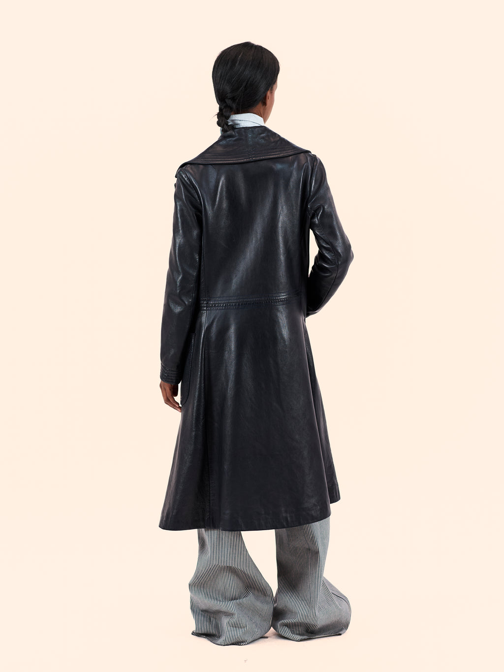 EARLY 1970'S PIERRE CARDIN NAVY LEATHER TRENCH COAT