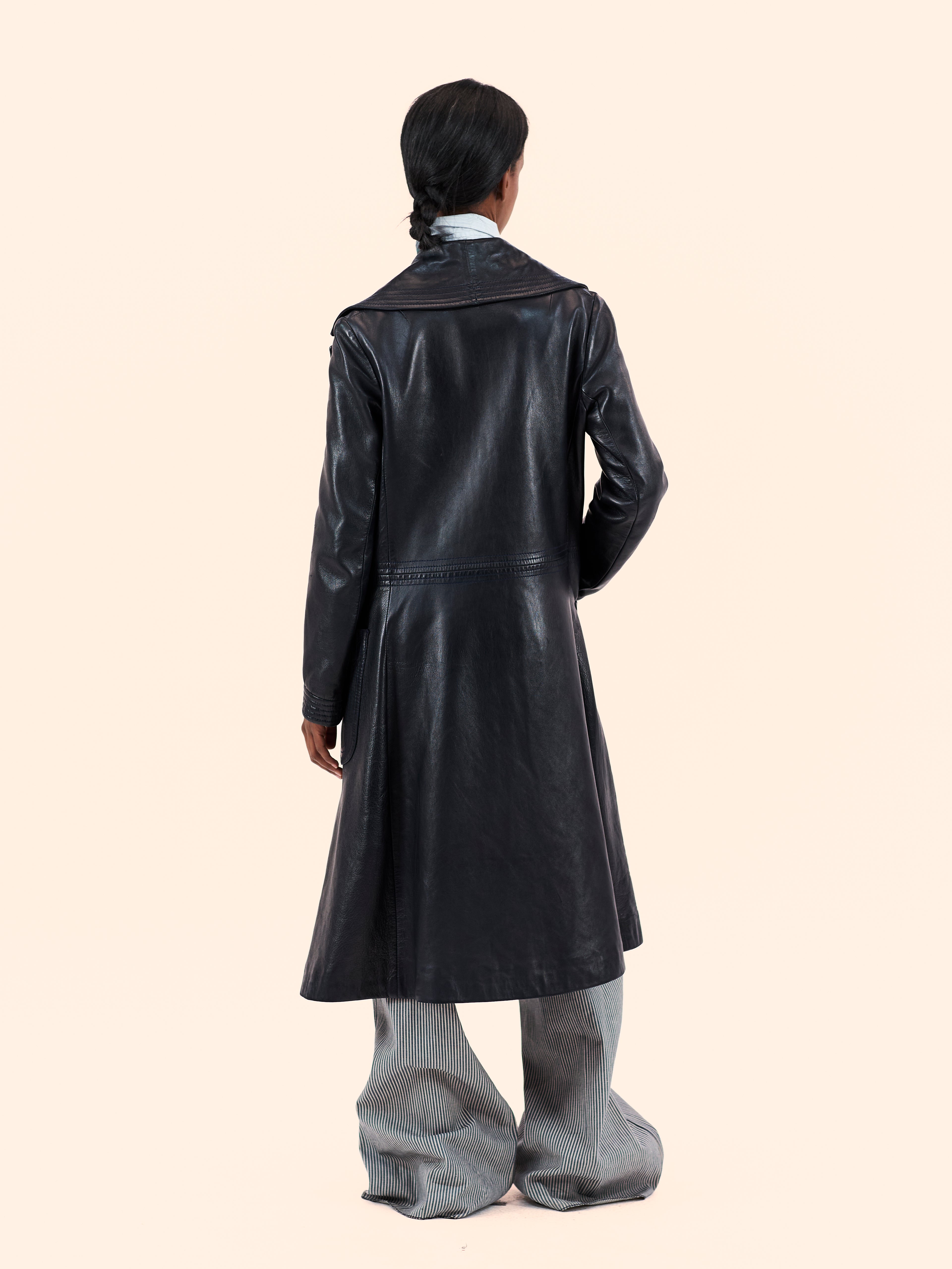 EARLY 1970'S PIERRE CARDIN NAVY LEATHER TRENCH COAT