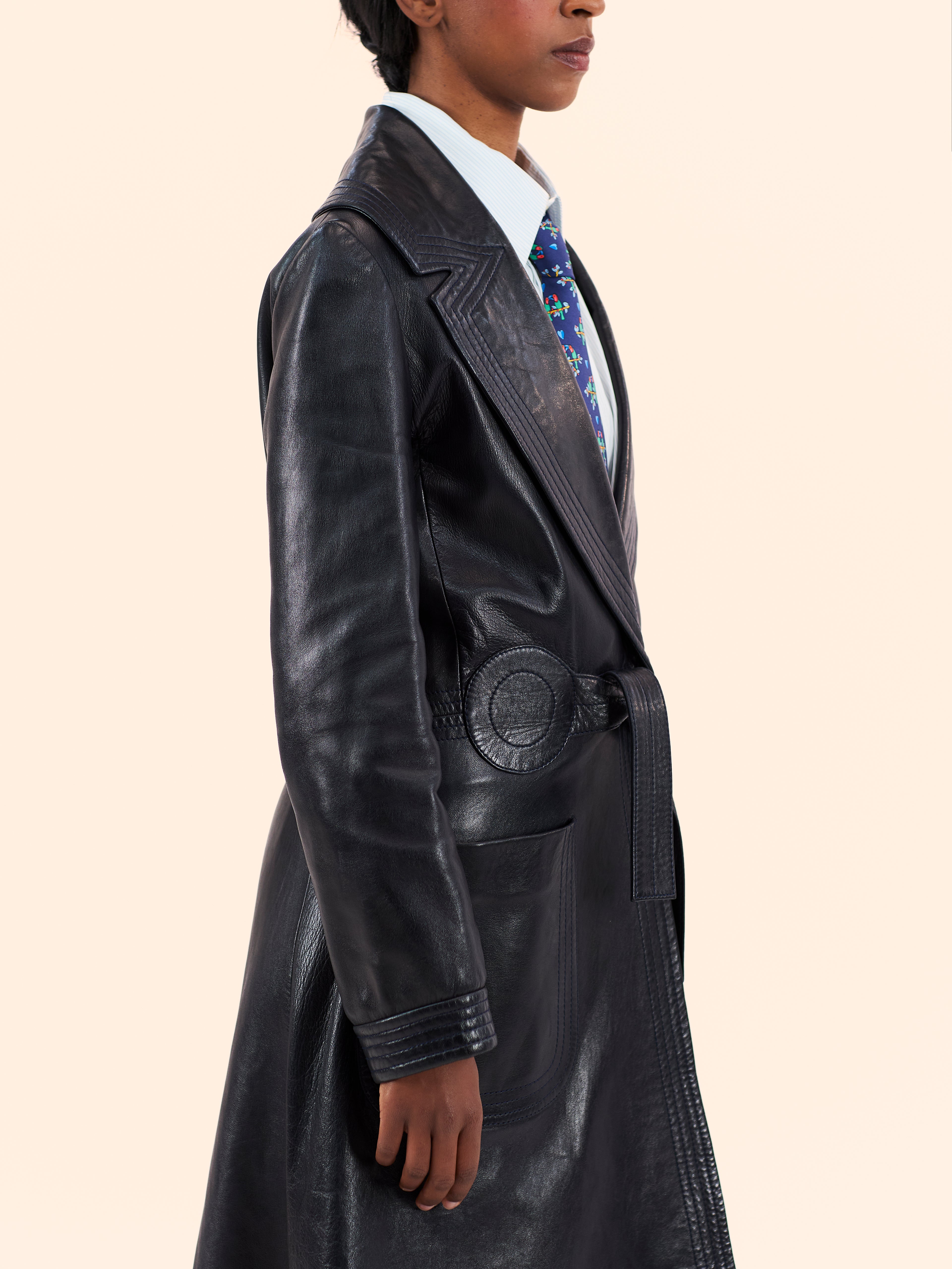 EARLY 1970'S PIERRE CARDIN NAVY LEATHER TRENCH COAT