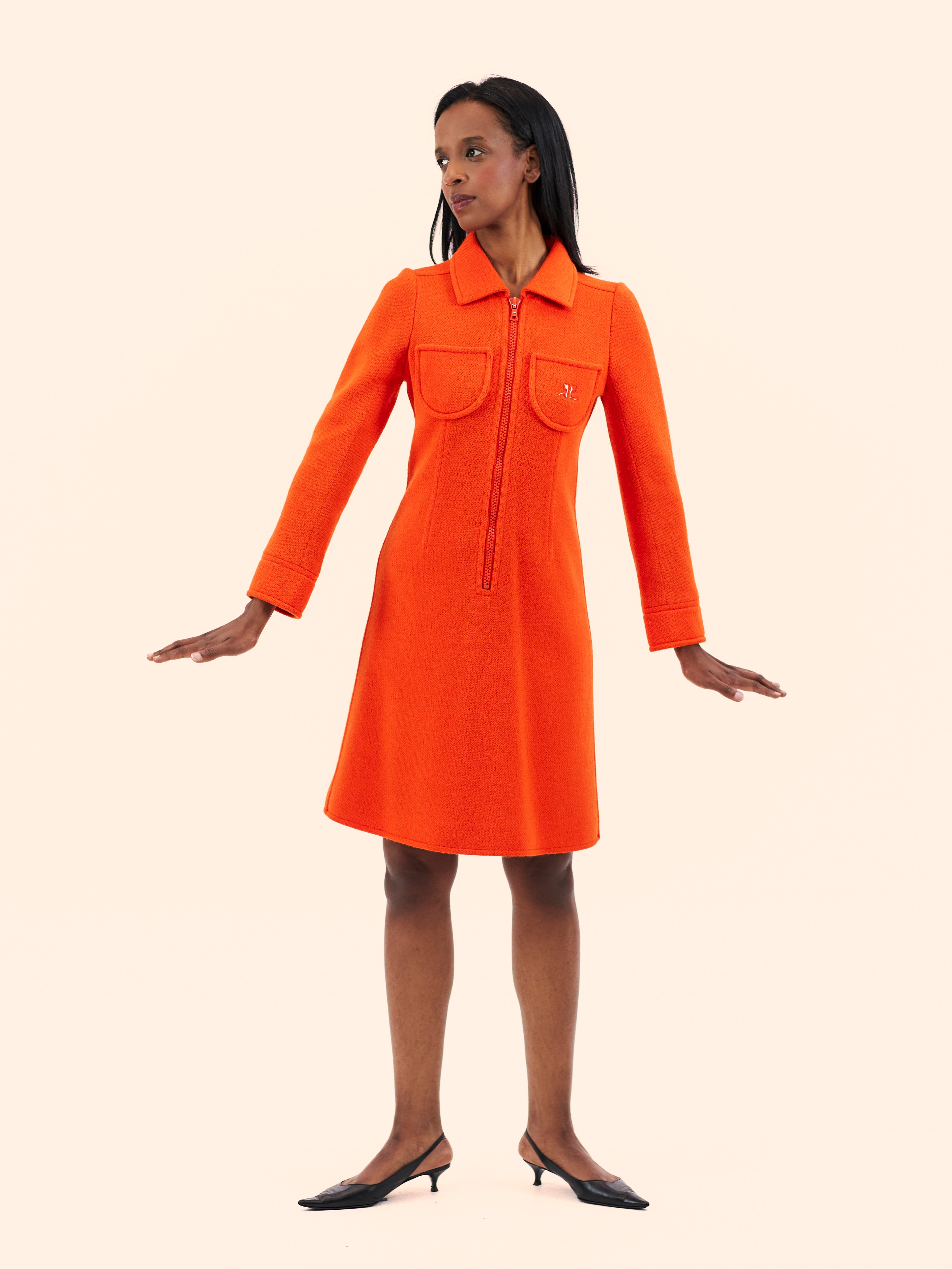 1968 COURREGES ORANGE ZIP DRESS 