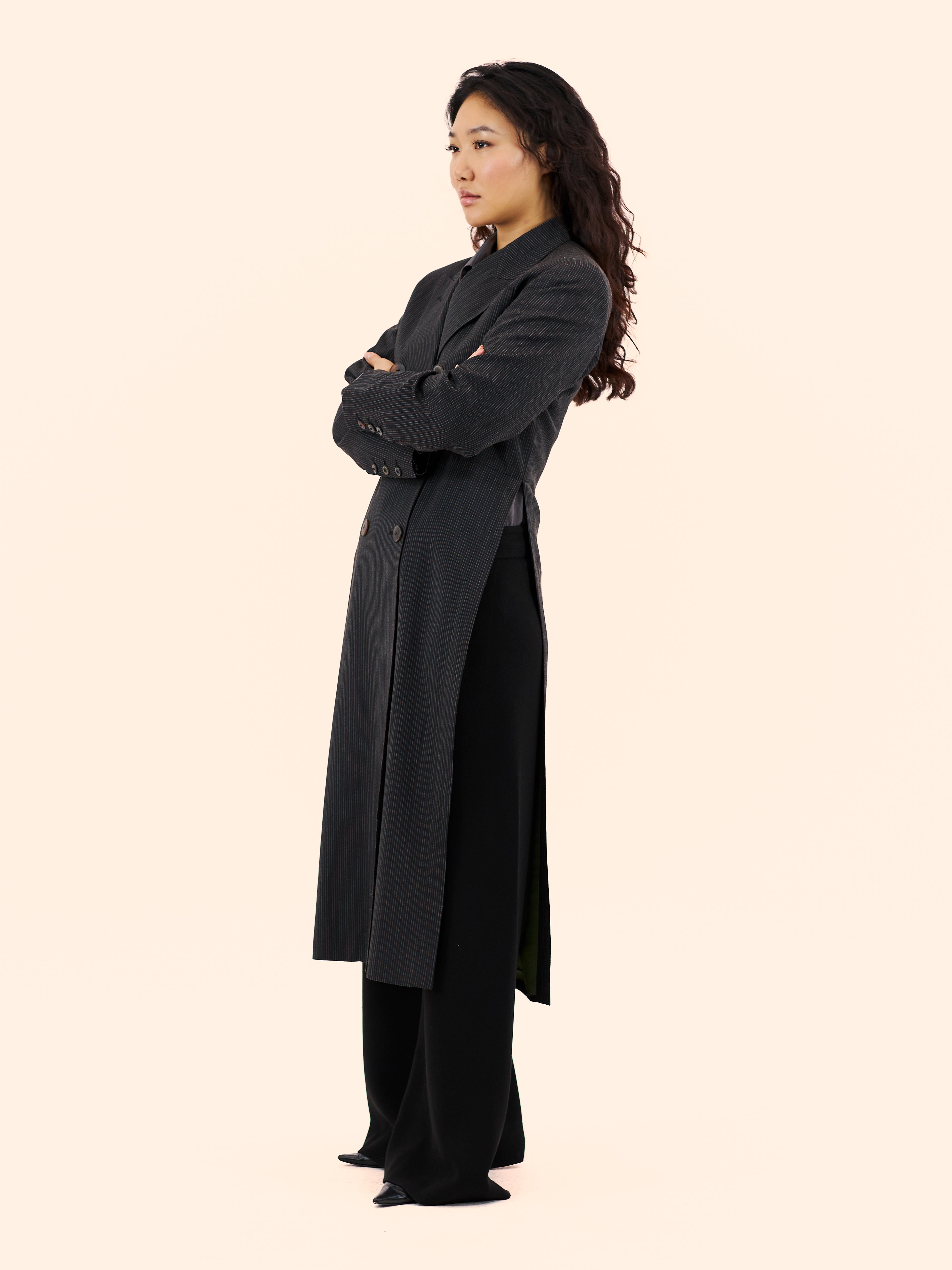 JEAN PAUL GAULTIER LONG SLIT PINSTRIPE COAT