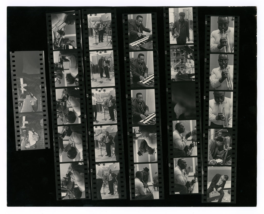 CONTACT SHEET WITH DUKE ELLINGTON, COOTIE WILLIAMS, PAUL GONSALVES, JOHNNY HODGES, AND SAM WOODYARD BY TED WILLIAMS