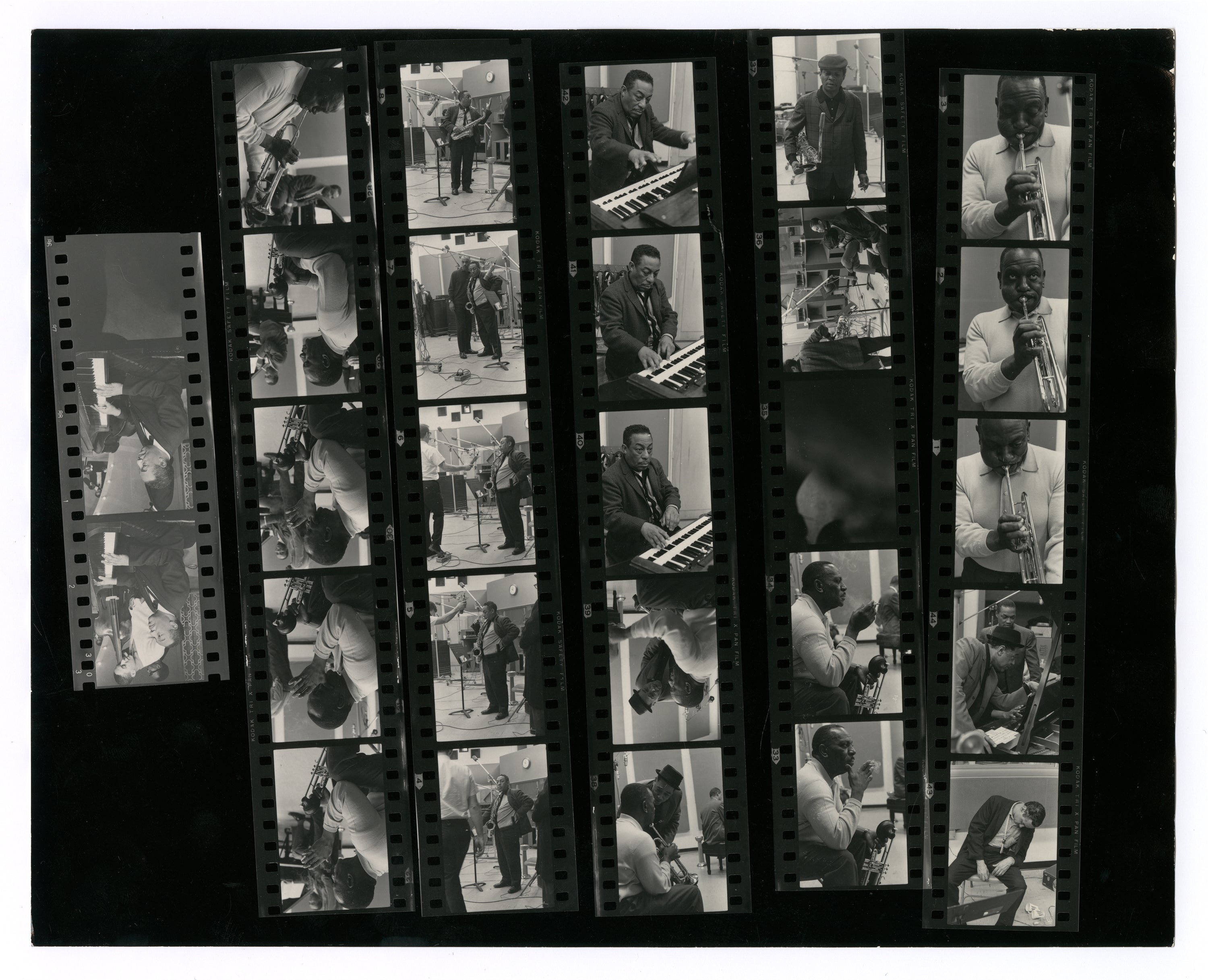 CONTACT SHEET WITH DUKE ELLINGTON, COOTIE WILLIAMS, PAUL GONSALVES, JOHNNY HODGES, AND SAM WOODYARD BY TED WILLIAMS