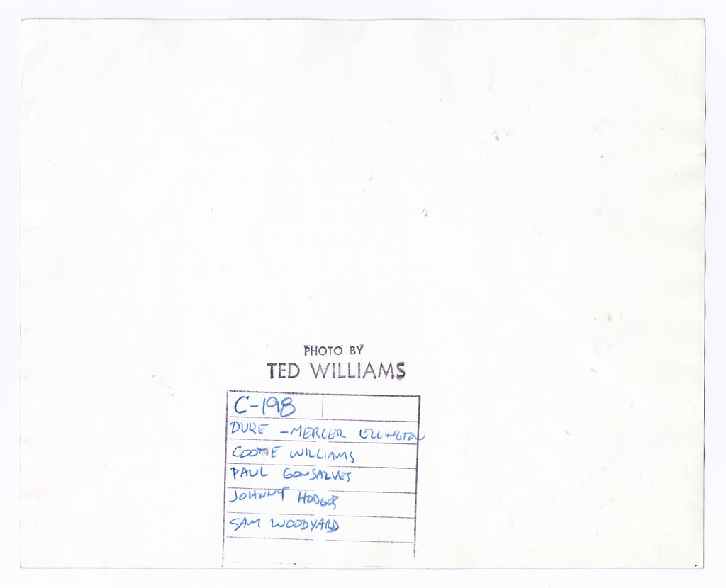 CONTACT SHEET WITH DUKE ELLINGTON, COOTIE WILLIAMS, PAUL GONSALVES, JOHNNY HODGES, AND SAM WOODYARD BY TED WILLIAMS
