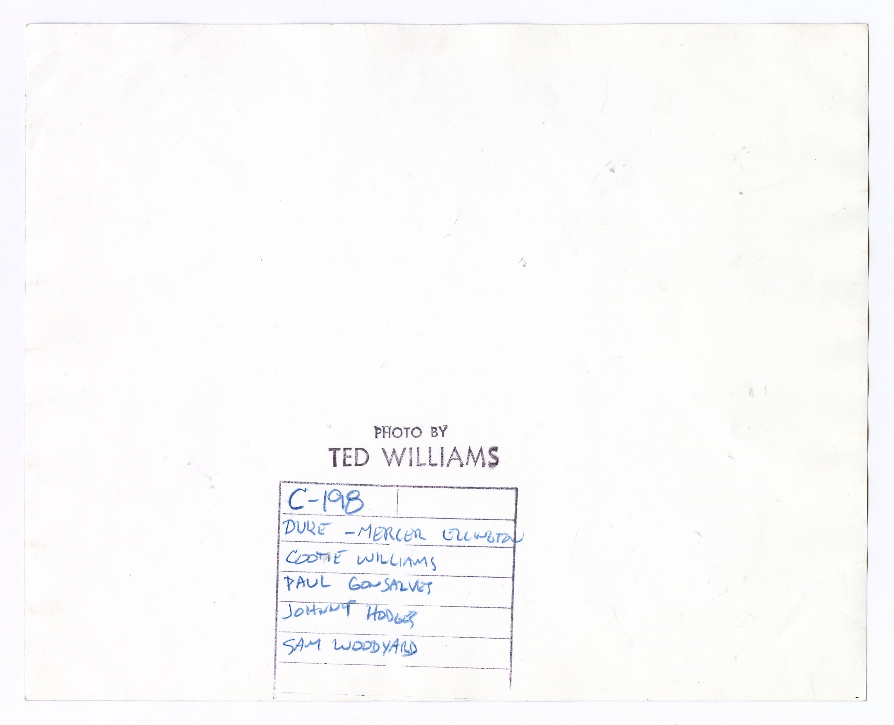 CONTACT SHEET WITH DUKE ELLINGTON, COOTIE WILLIAMS, PAUL GONSALVES, JOHNNY HODGES, AND SAM WOODYARD BY TED WILLIAMS