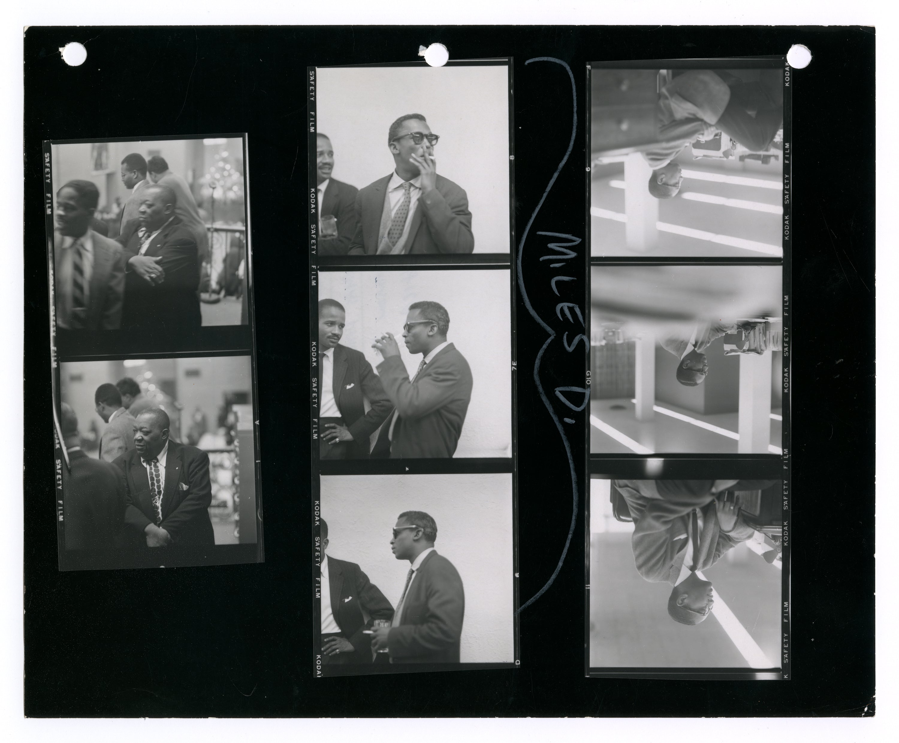 CONTACT SHEET WITH JIMMY RUSHING, MILES DAVIS, BILLY TAYLOR, LERONE BENNETT, CHRISTMAS PARTY AT JOHNSON PUB CO CHICAGO BY TED WILLIAMS